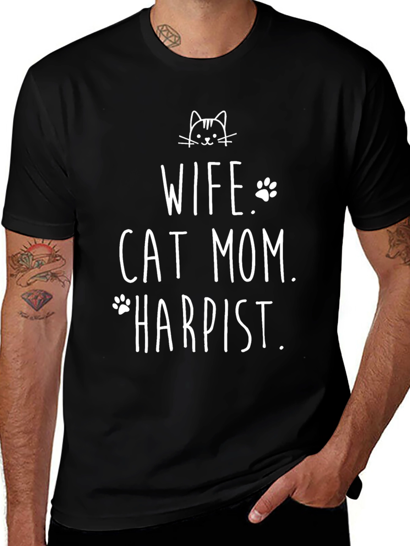 Wife Cat Mom Harpist Black T-Shirt