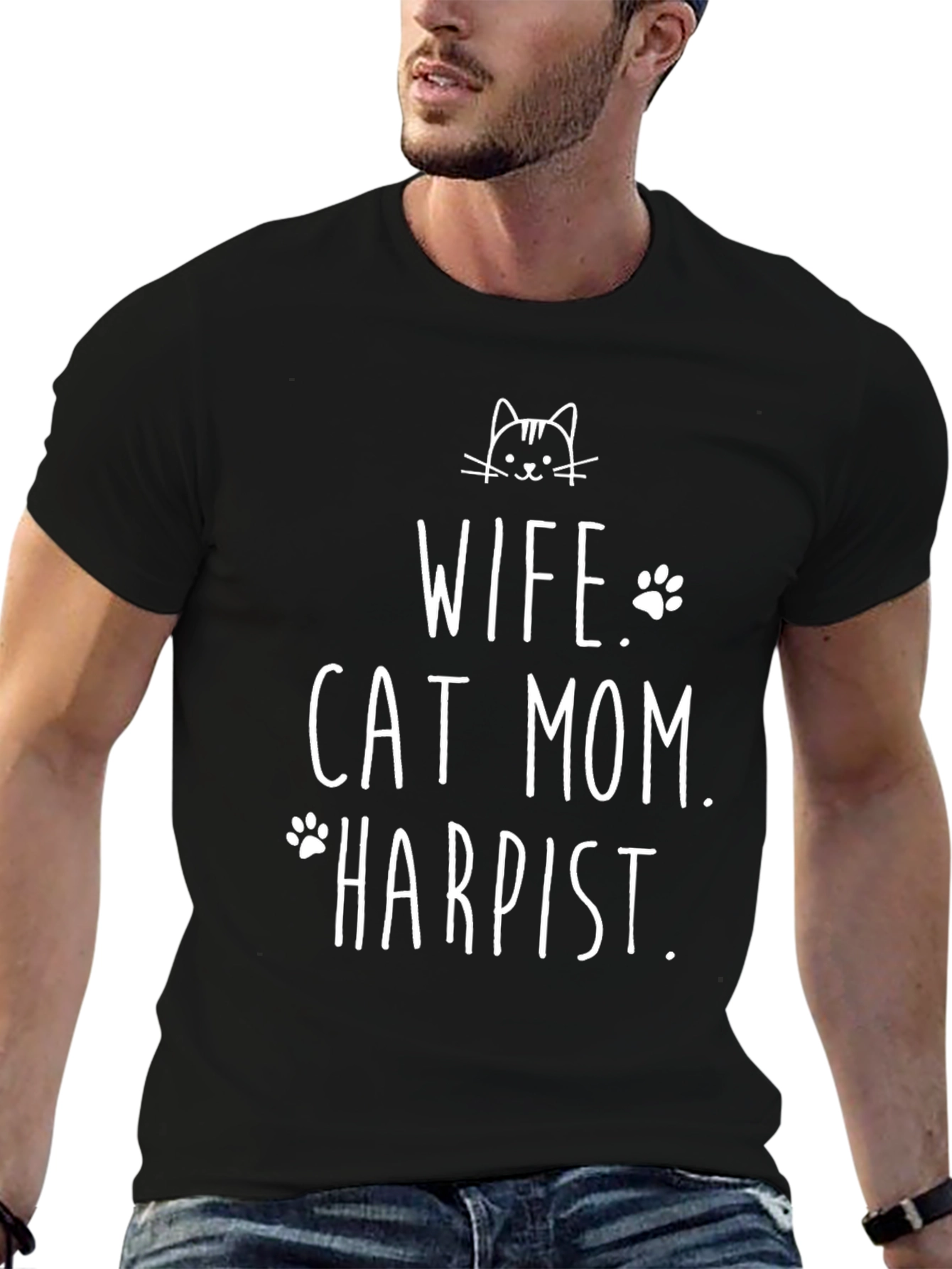 Wife Cat Mom Harpist Black T-Shirt