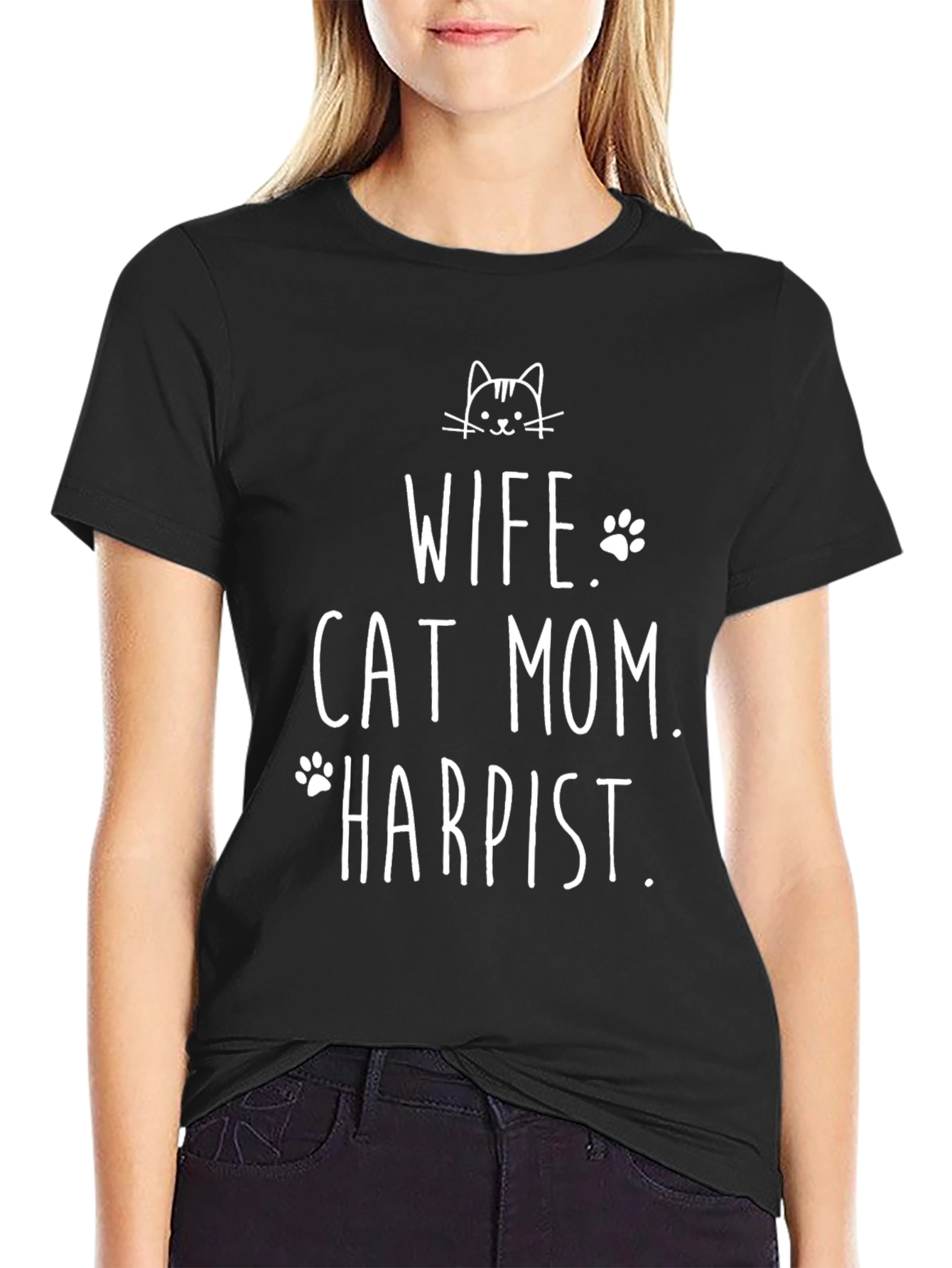 Wife Cat Mom Harpist Black T-Shirt