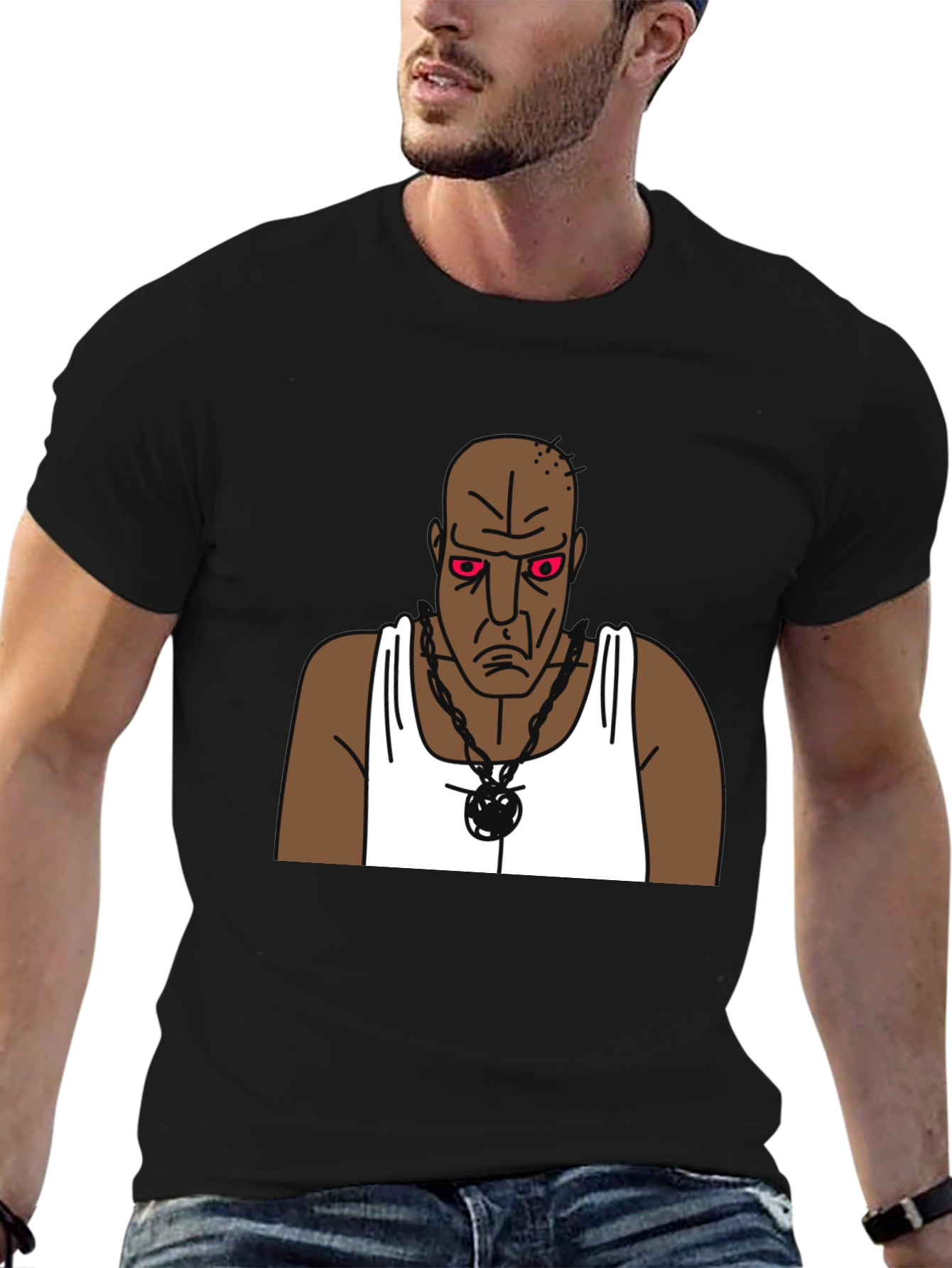 Cartoon Grumpy Man Graphic Black T-Shirt