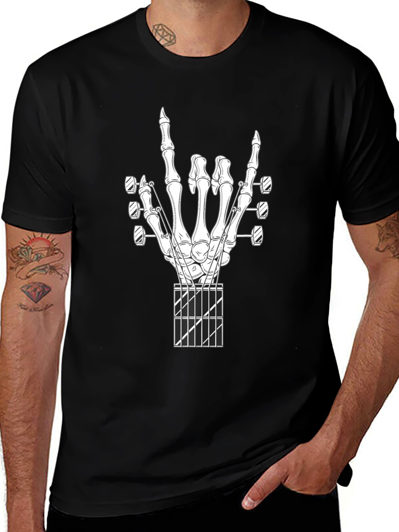 Rock On Guitar Skeleton Hand Black T-Shirt
