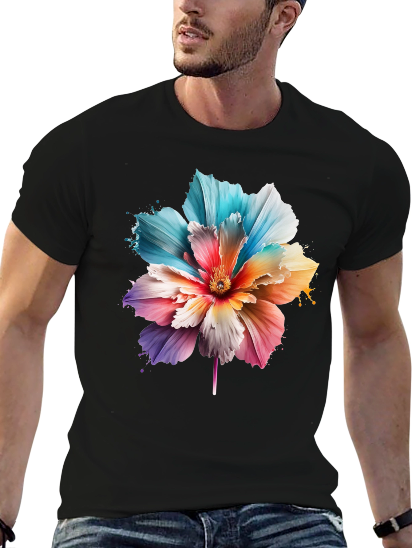 Floral Print Black T-Shirt for Men