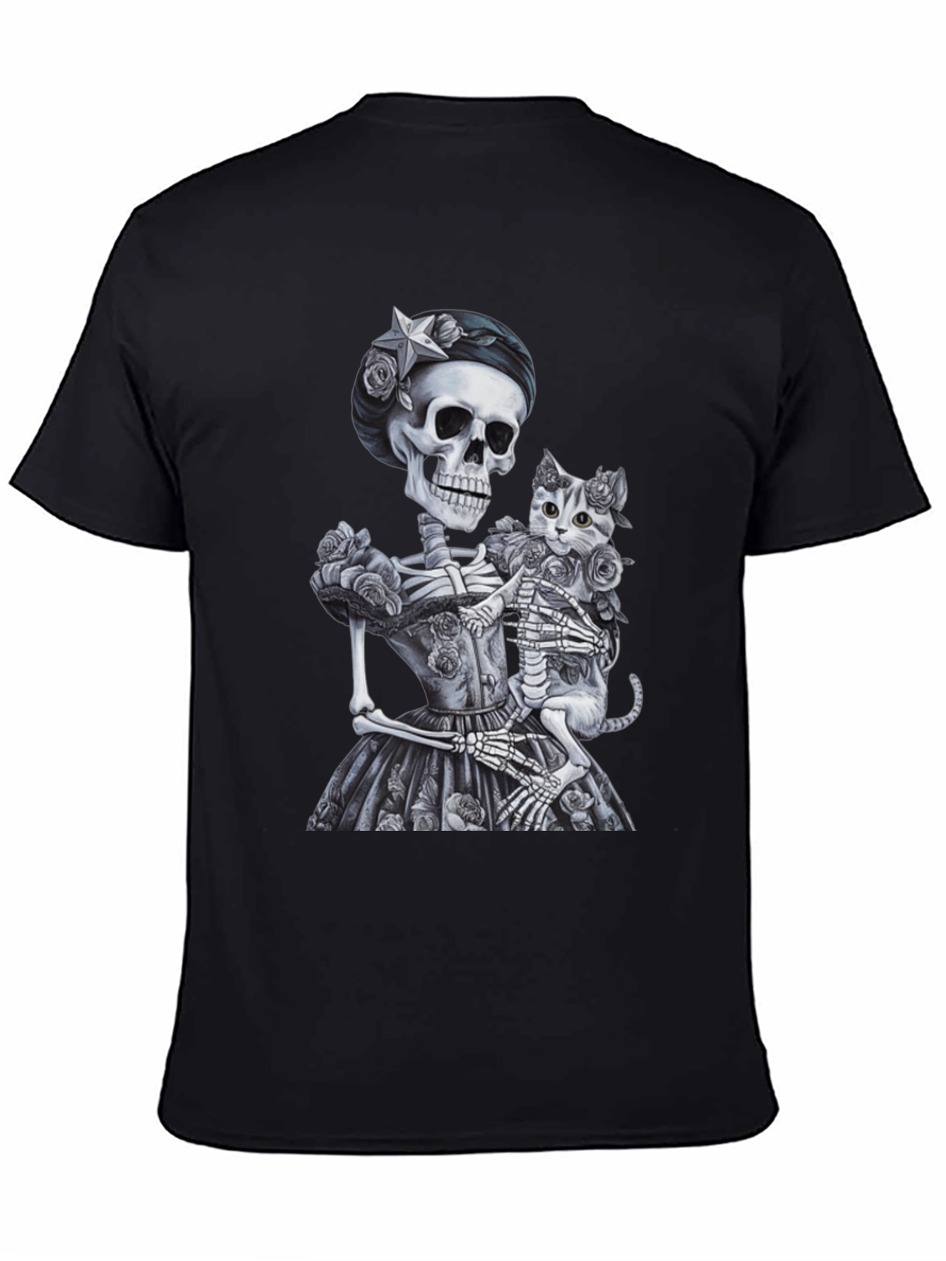 Skeleton & Cat Graphic Tee - Gothic Style