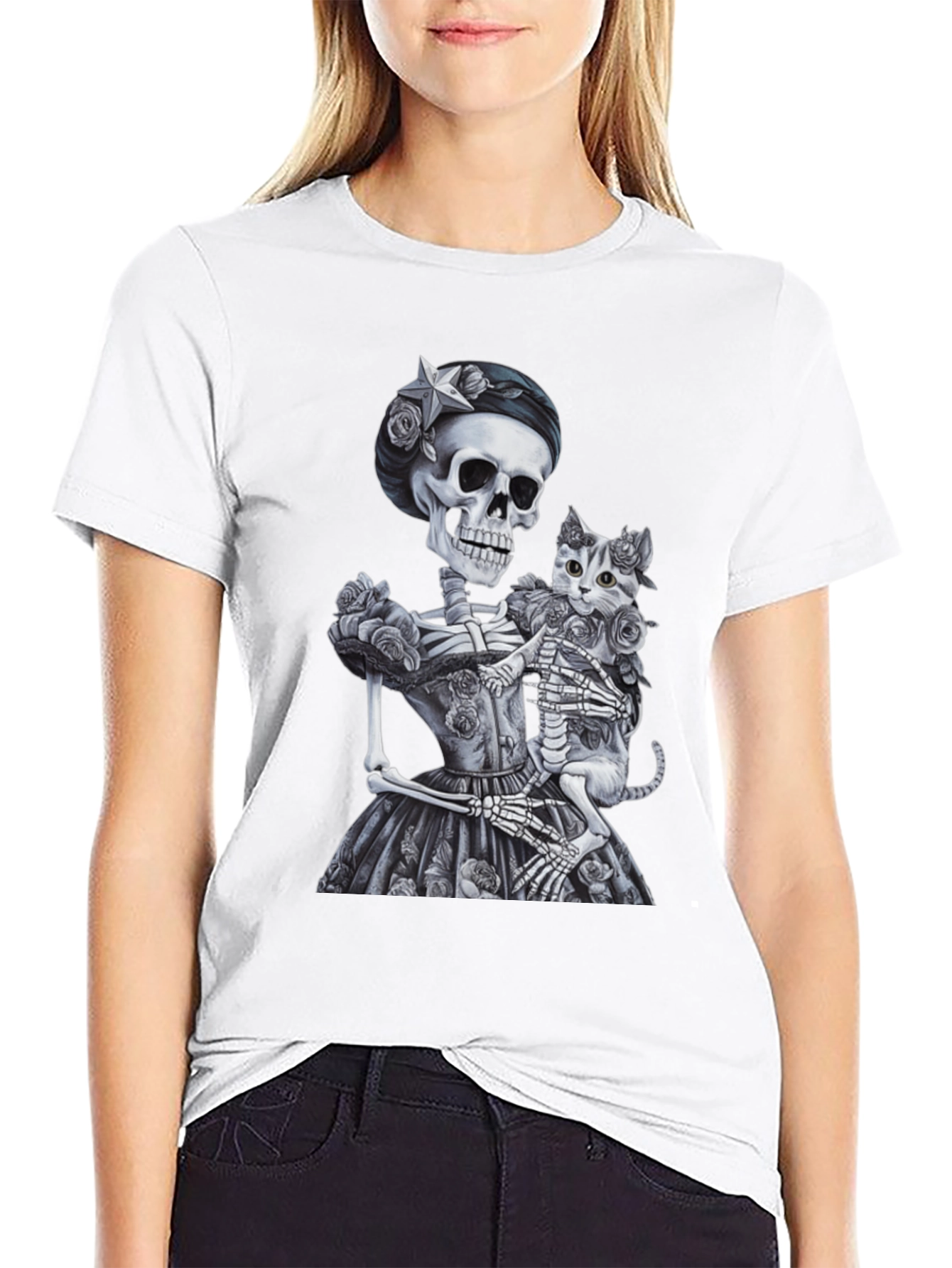 Skeleton & Cat Graphic Tee - Gothic Style