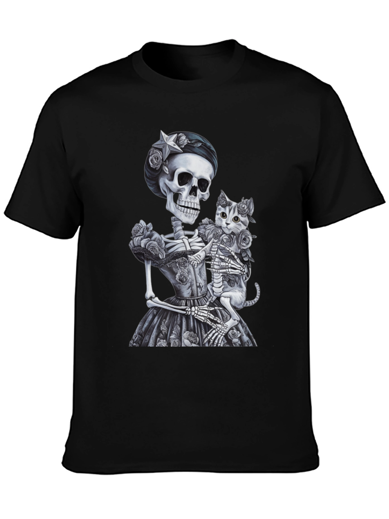 Skeleton & Cat Graphic Tee - Gothic Style