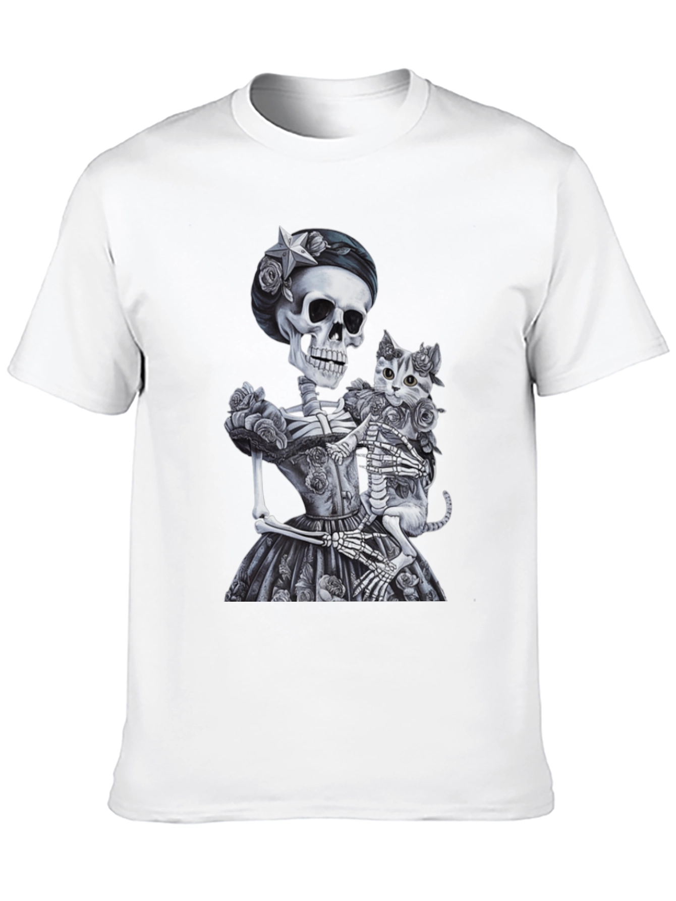 Skeleton & Cat Graphic Tee - Gothic Style