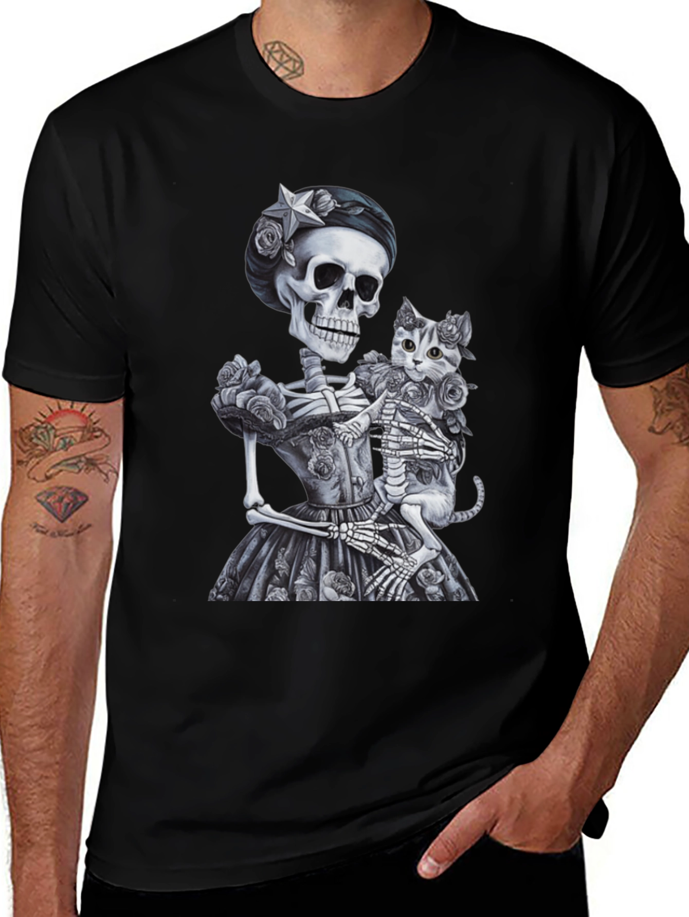 Skeleton & Cat Graphic Tee - Gothic Style