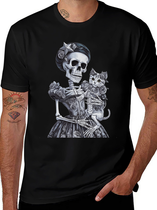 Skeleton & Cat Graphic Tee - Gothic Style