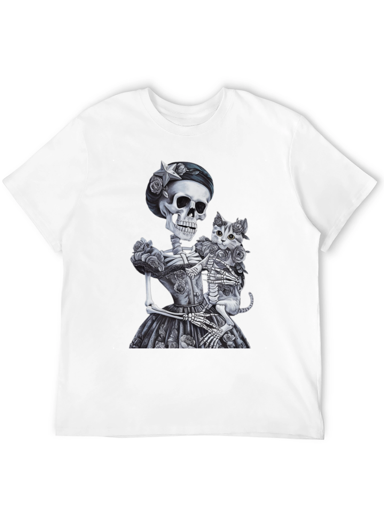 Skeleton & Cat Graphic Tee - Gothic Style