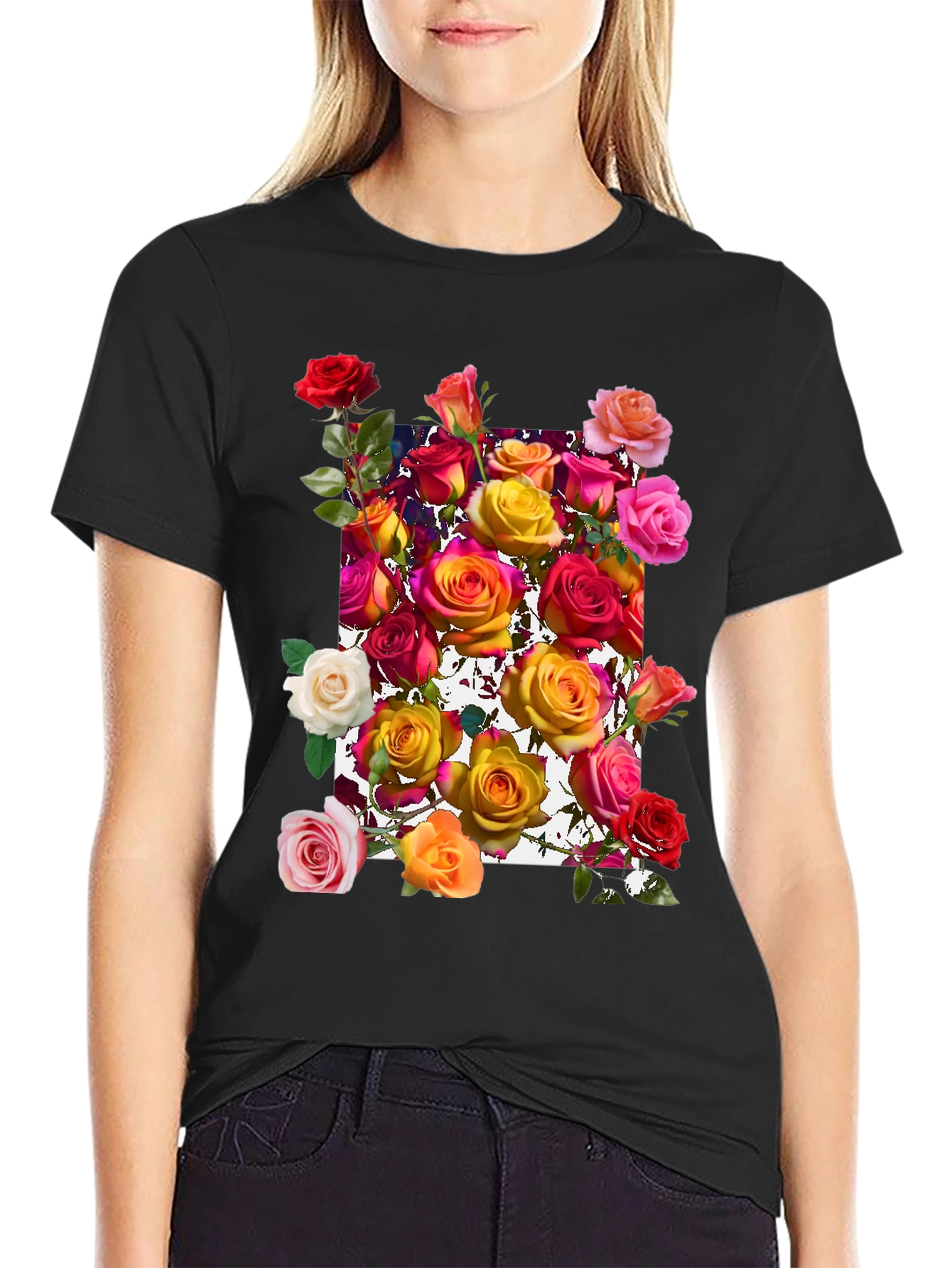 Floral Roses Graphic Tee - Black Cotton Blend