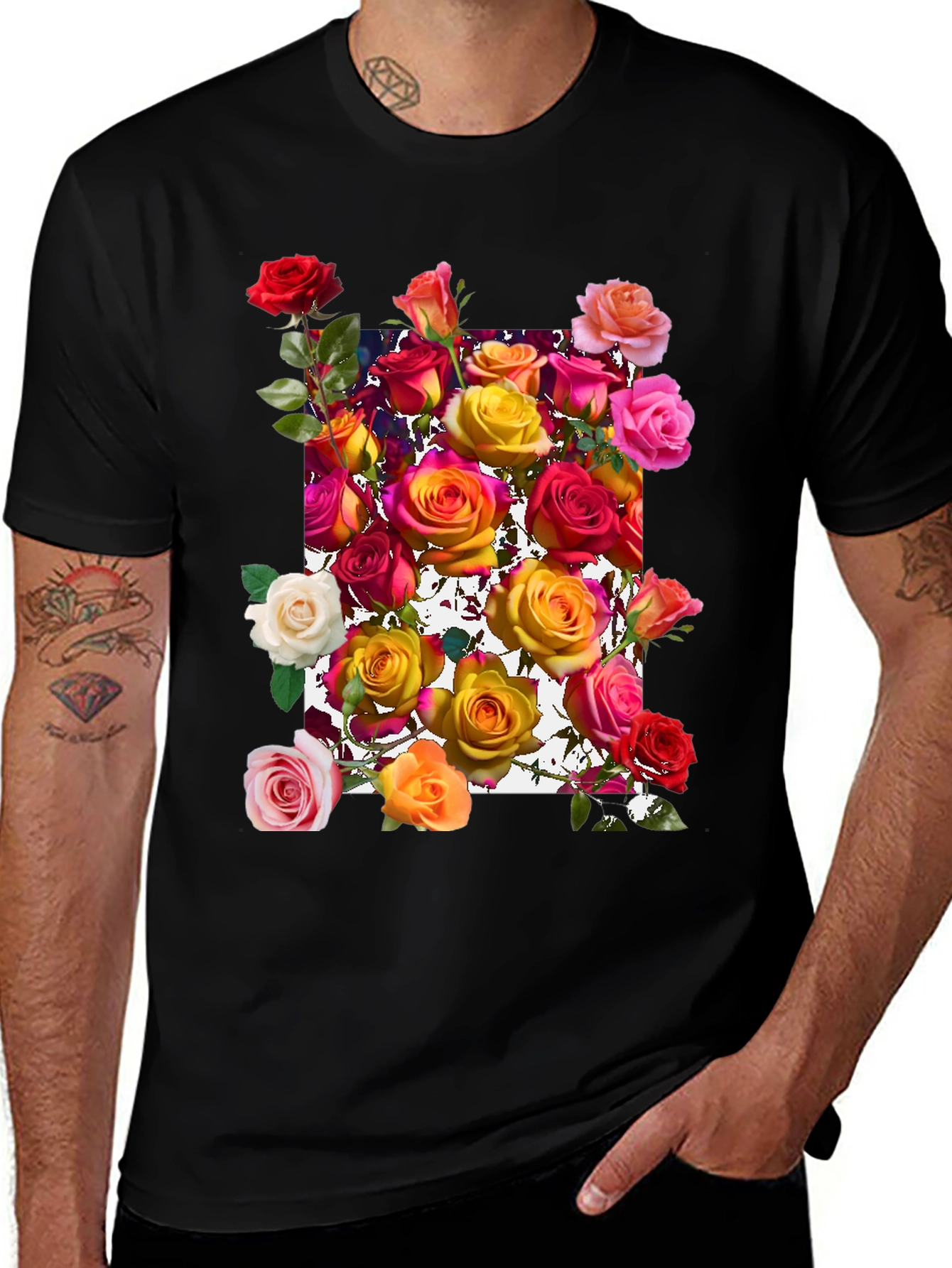 Floral Roses Graphic Tee - Black Cotton Blend
