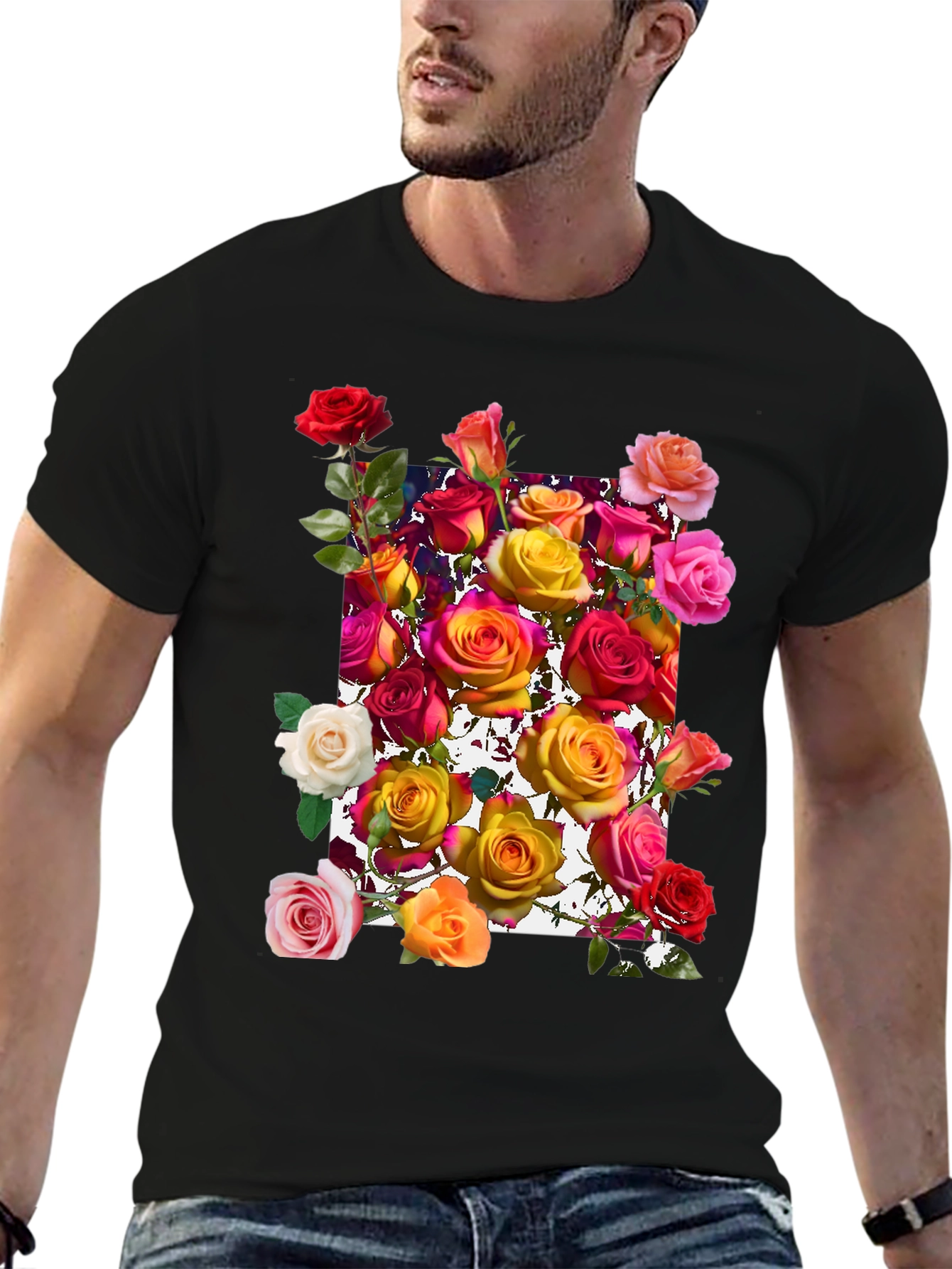 Floral Roses Graphic Tee - Black Cotton Blend