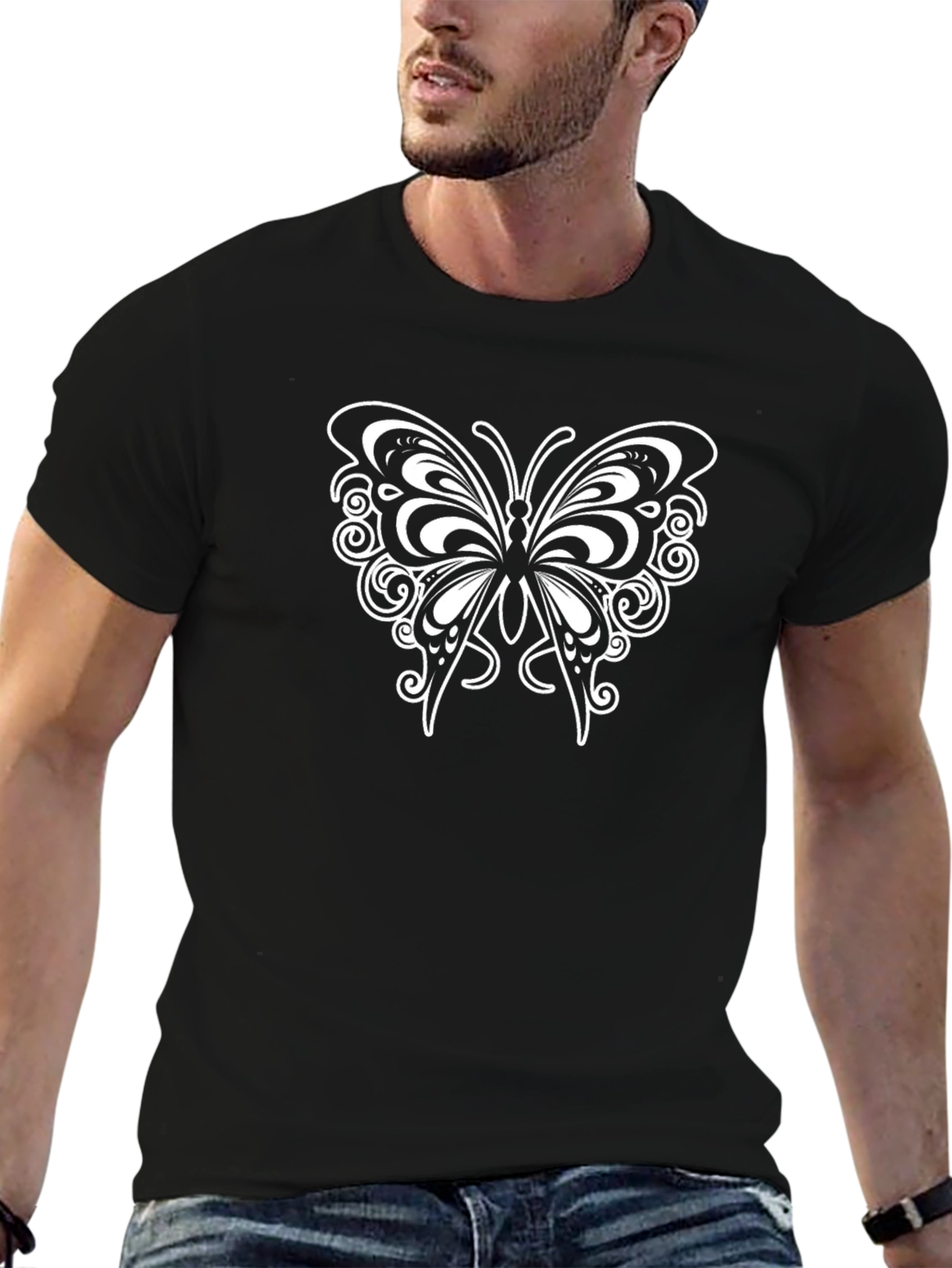 Black T-Shirt with Butterfly Graphic