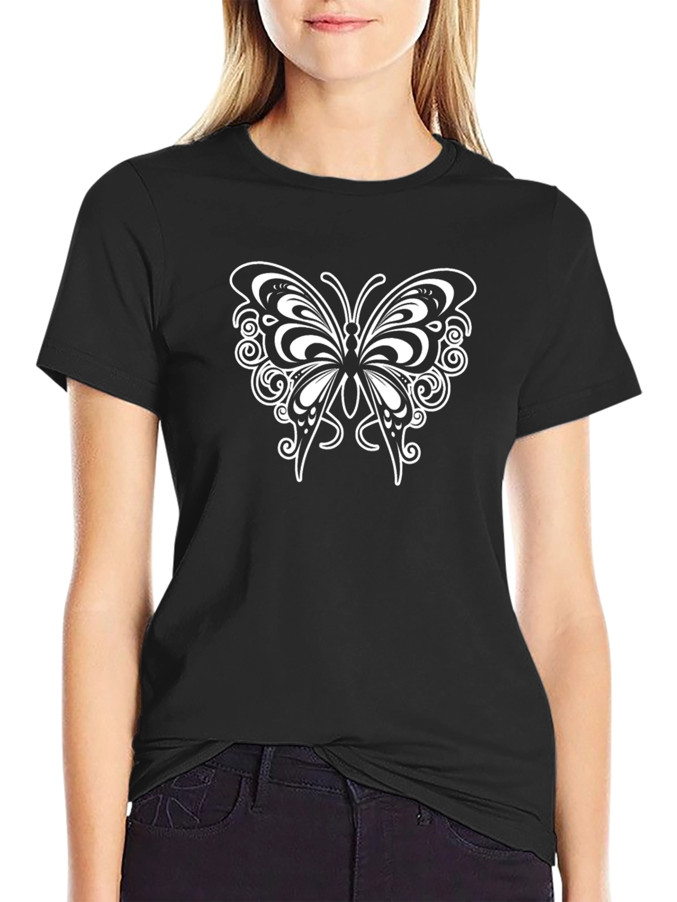 Black T-Shirt with Butterfly Graphic
