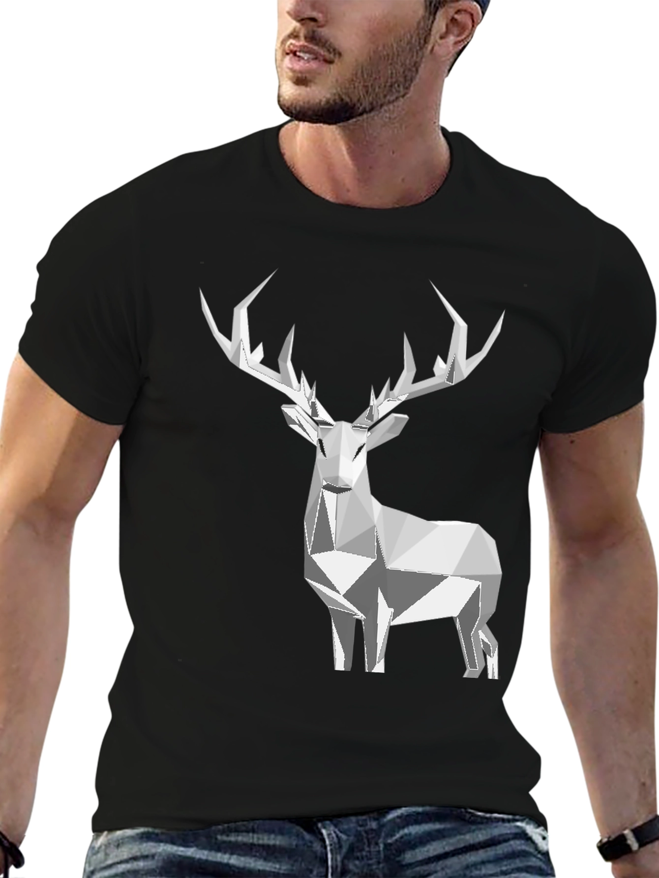 Geometric Deer Graphic Tee - Black
