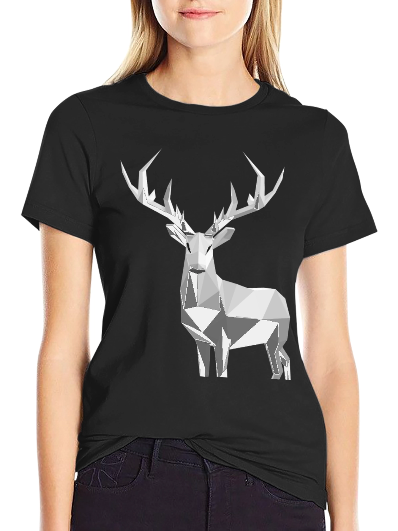 Geometric Deer Graphic Tee - Black