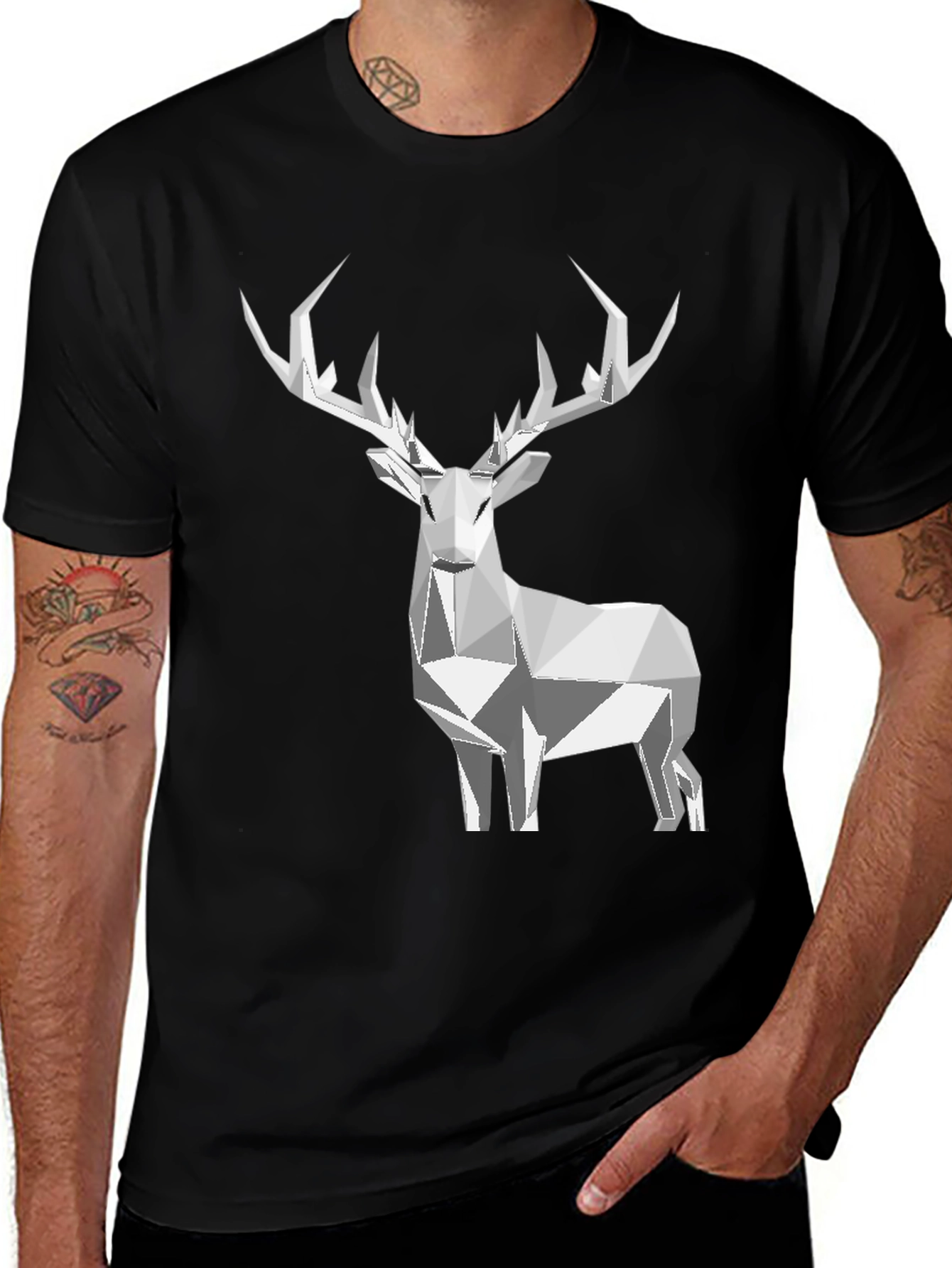 Geometric Deer Graphic Tee - Black