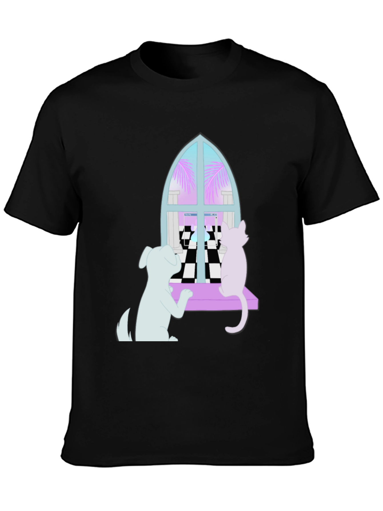 Dog and Cat Window T-Shirt - Black