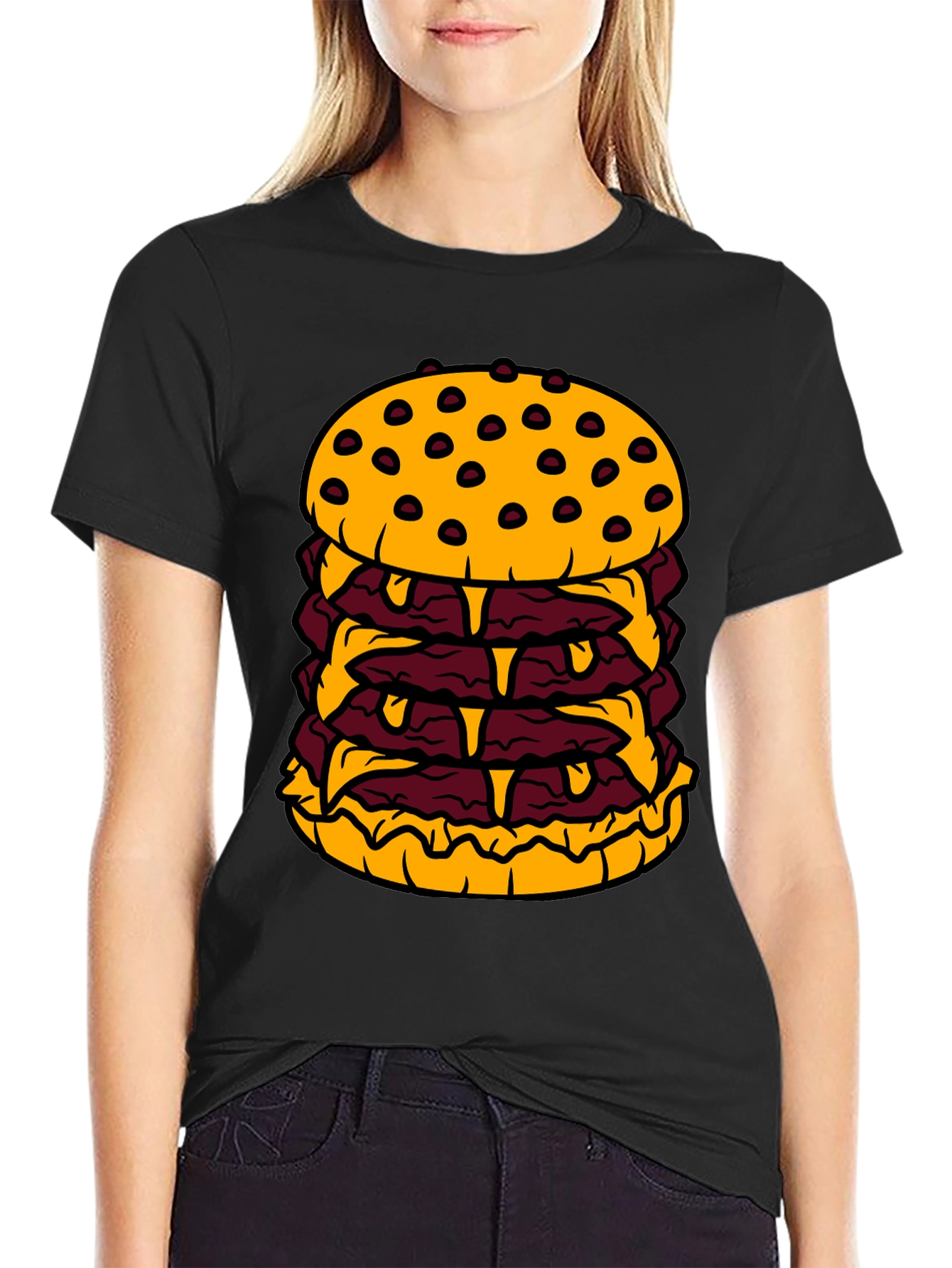 Humorous Cartoon Burger Graphic Black T-Shirt