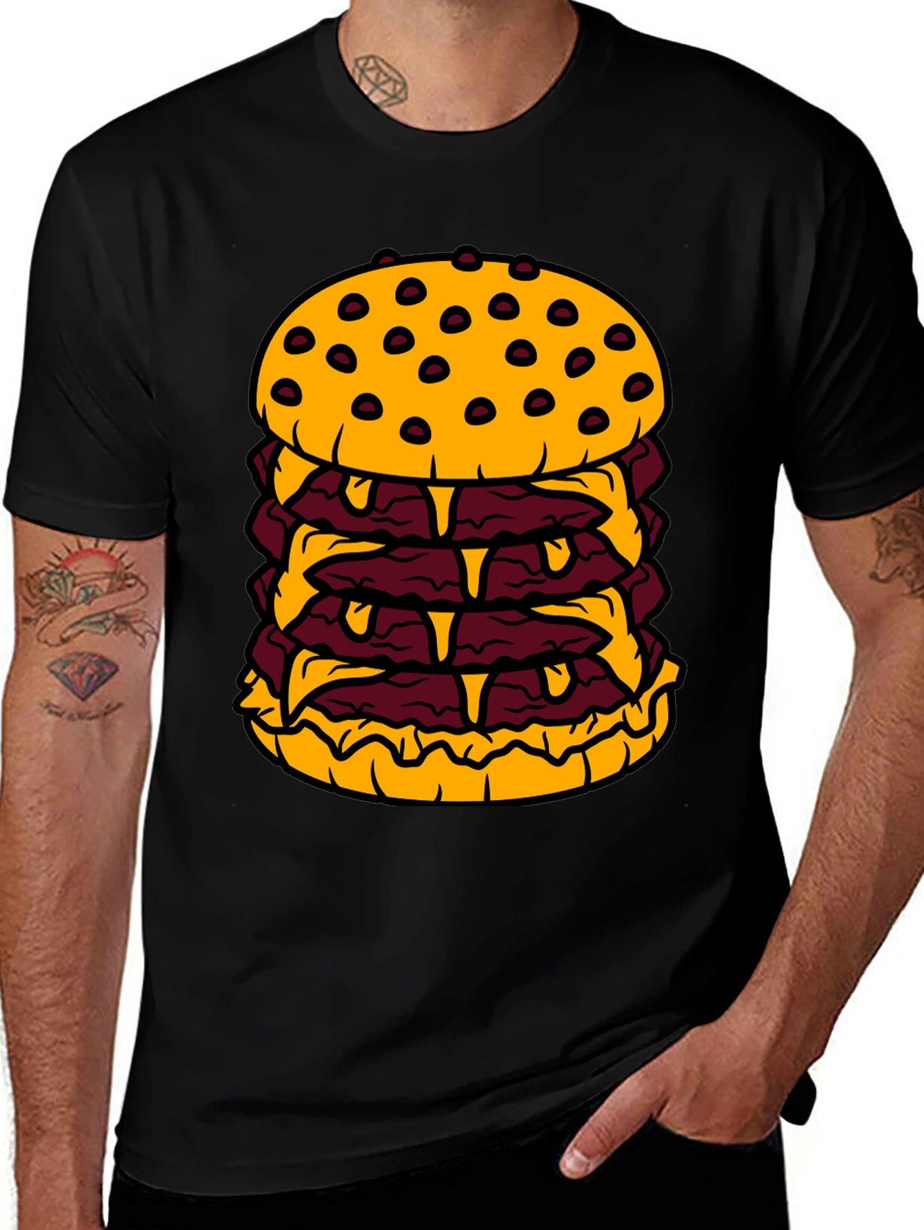 Humorous Cartoon Burger Graphic Black T-Shirt