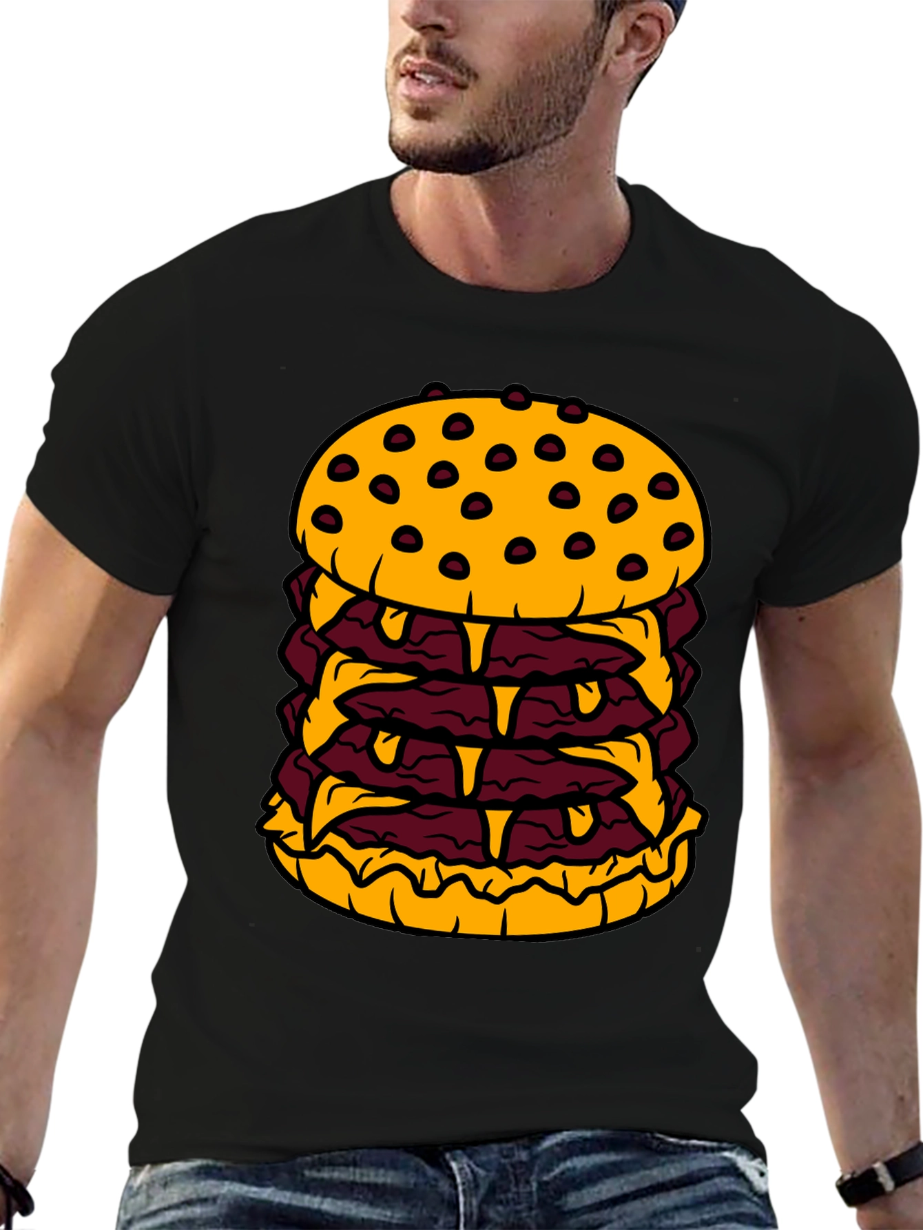 Humorous Cartoon Burger Graphic Black T-Shirt