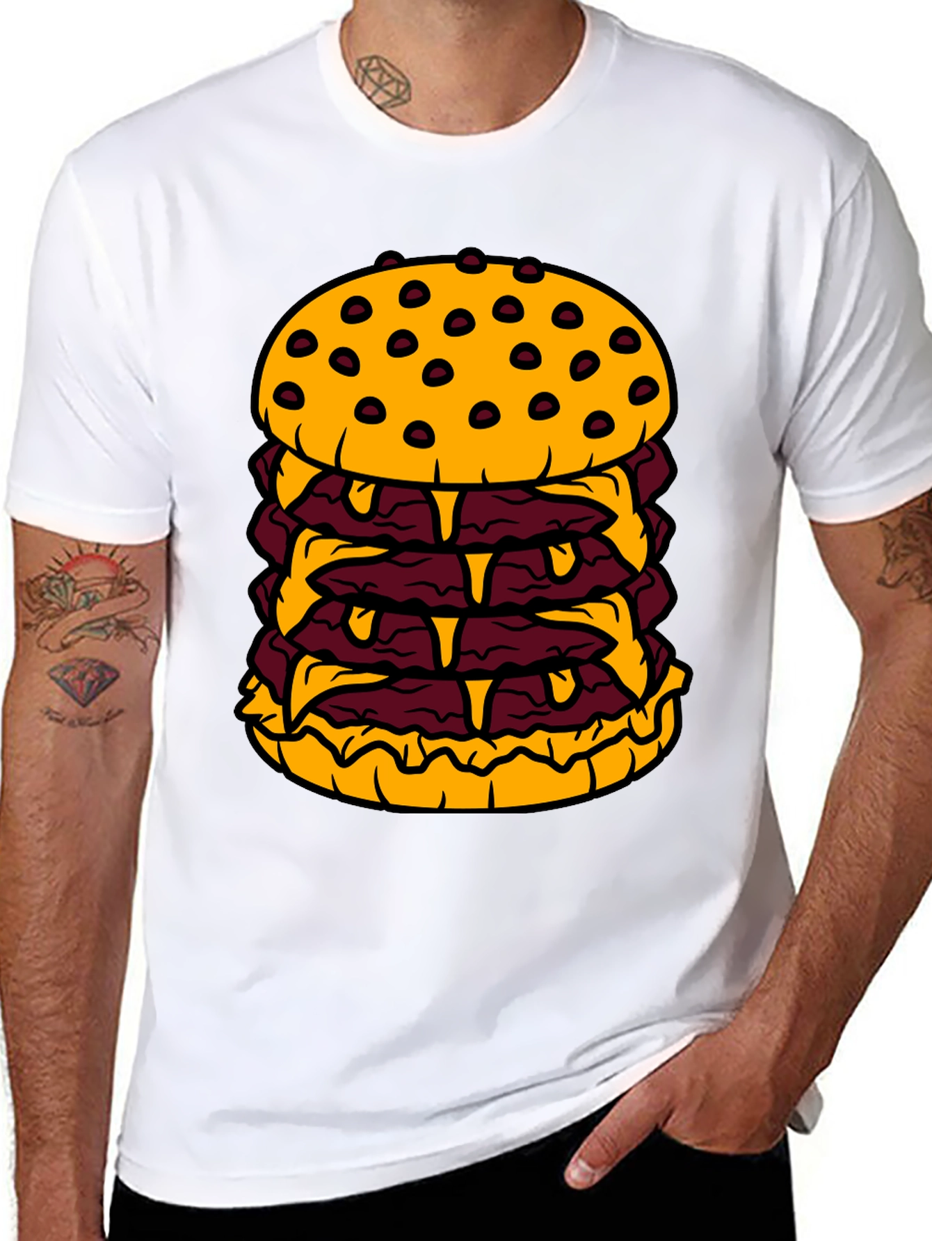 Humorous Cartoon Burger Graphic Black T-Shirt