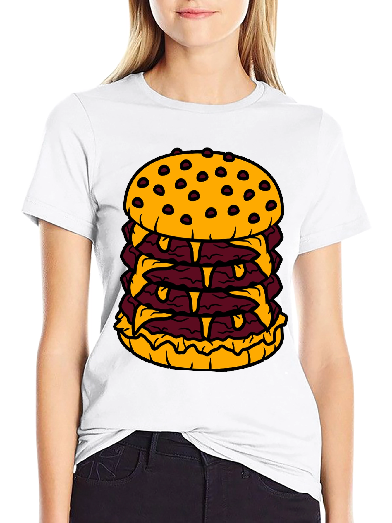 Humorous Cartoon Burger Graphic Black T-Shirt