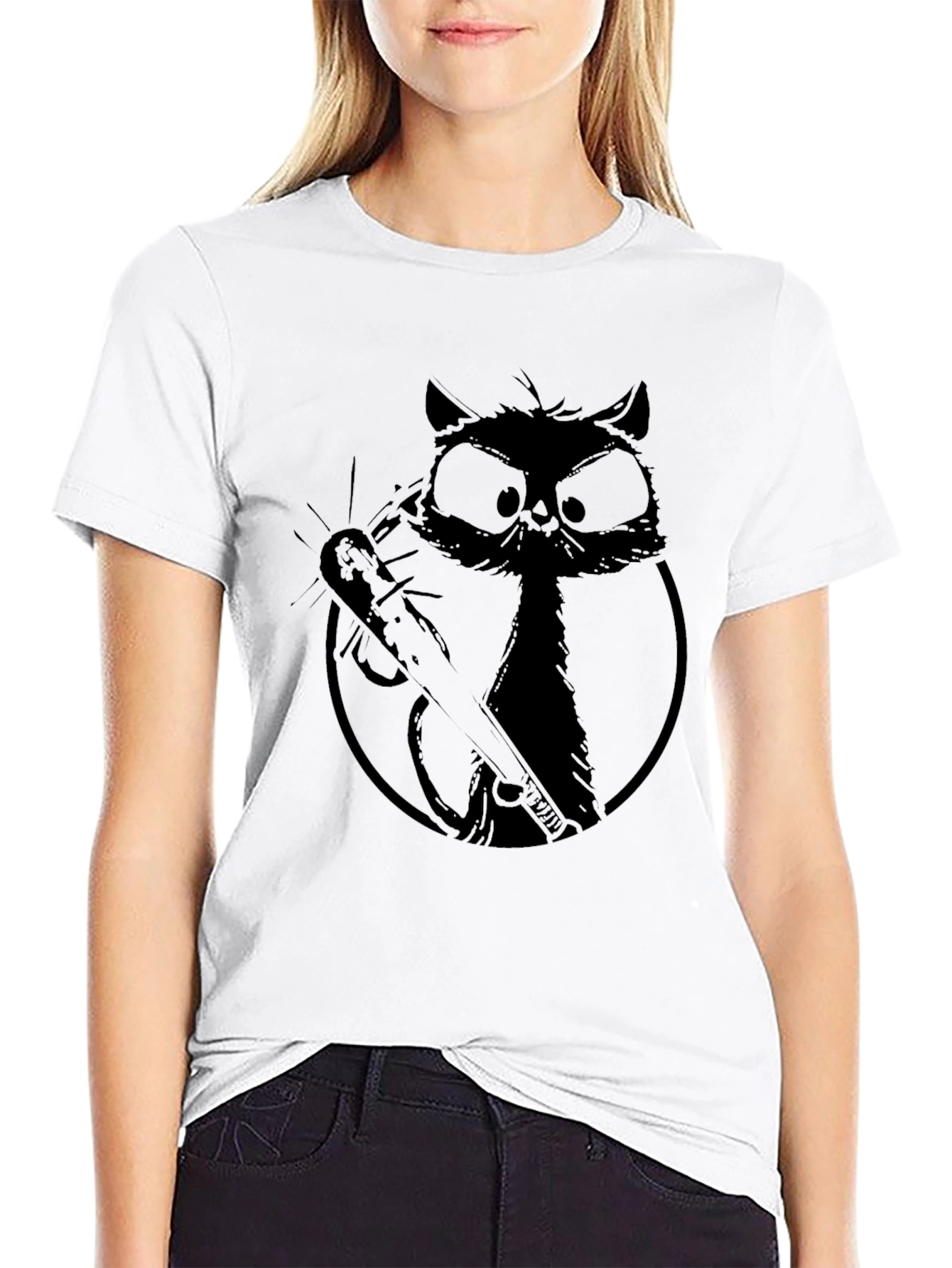 Black Cat with Baseball Bat Graphic Tee