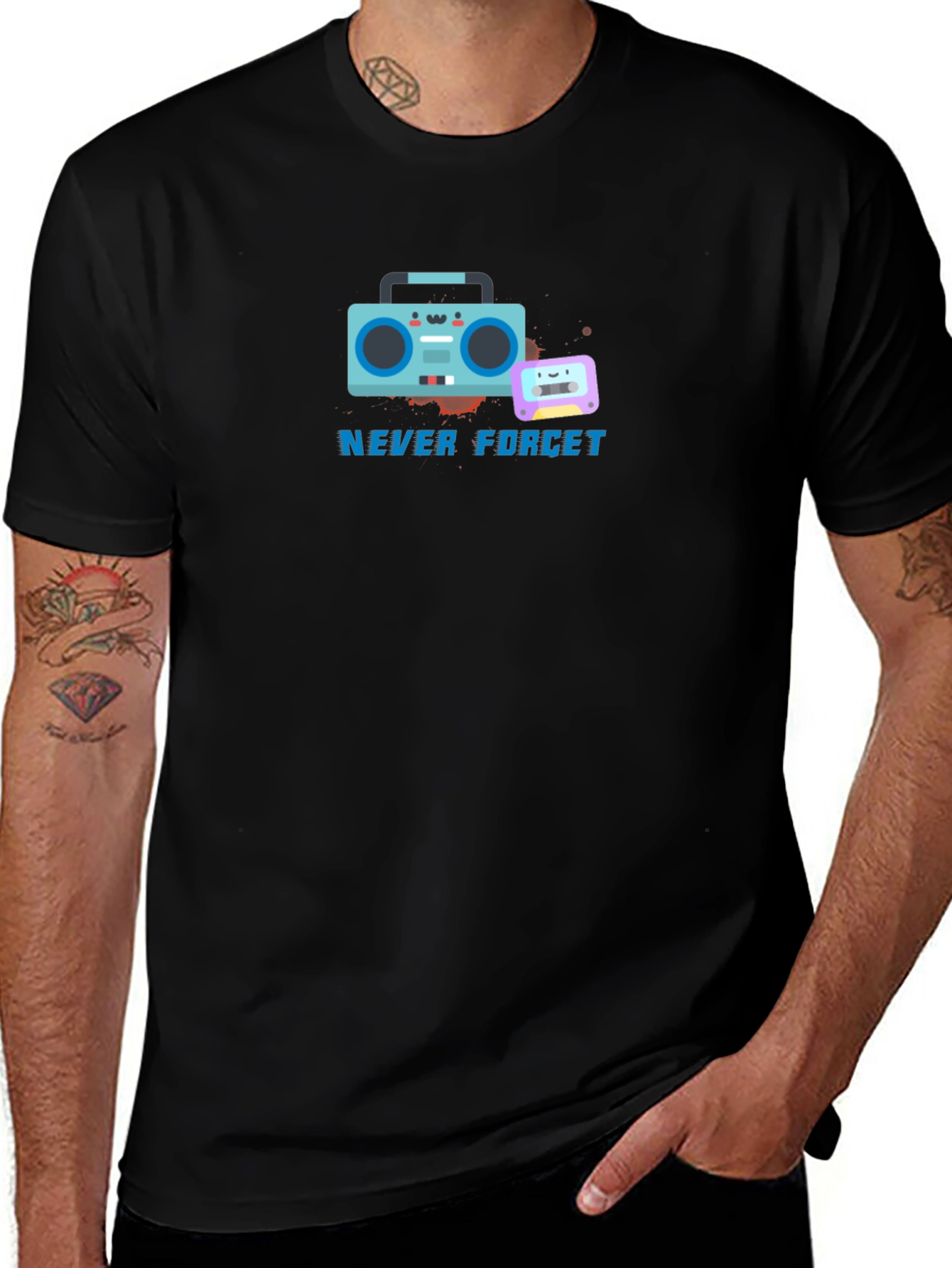 Retro Boombox & Cassette Never Forget Black T-Shirt