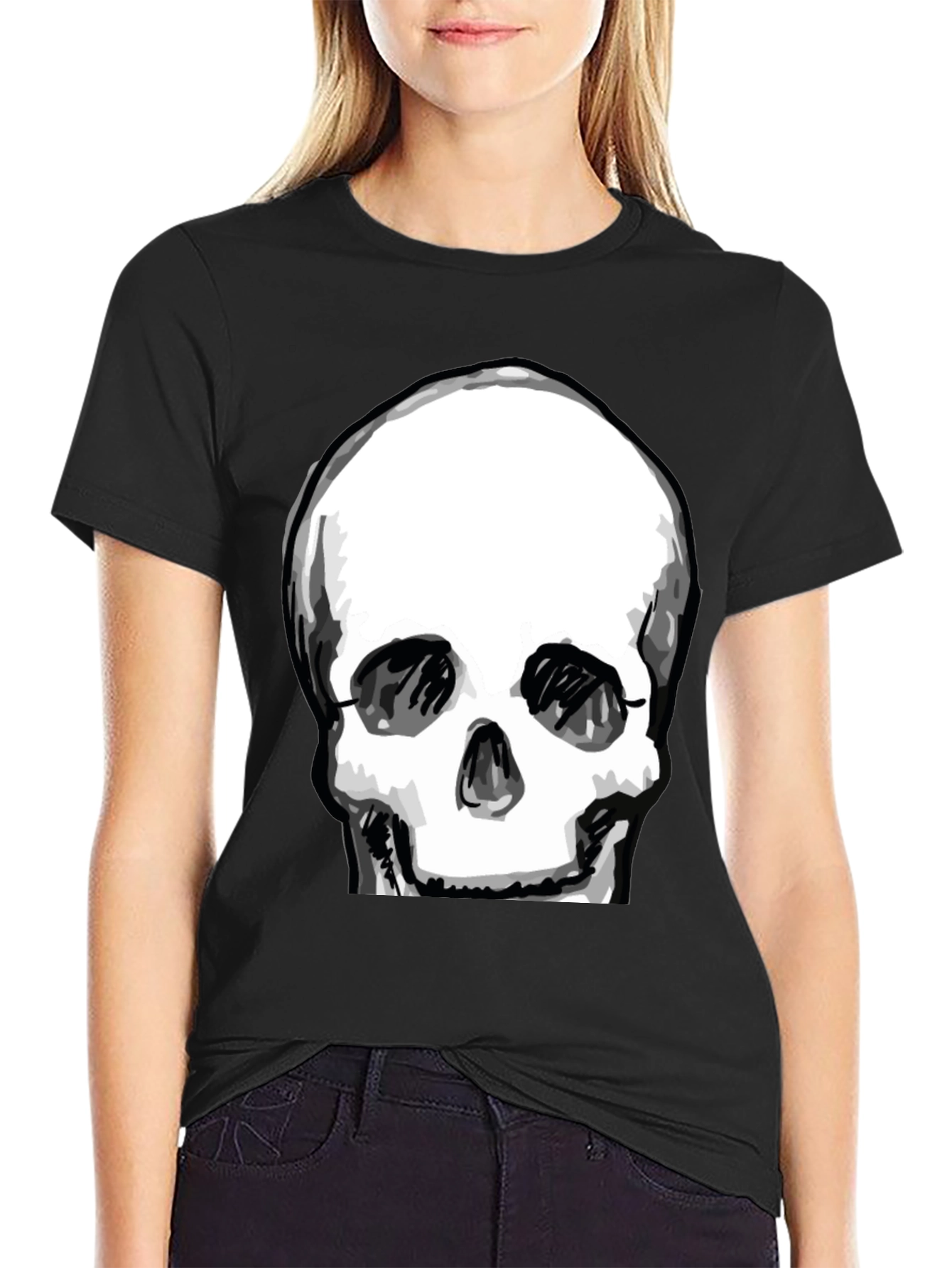 Skull Graphic Tee - Black Crew Neck Cotton T-Shirt