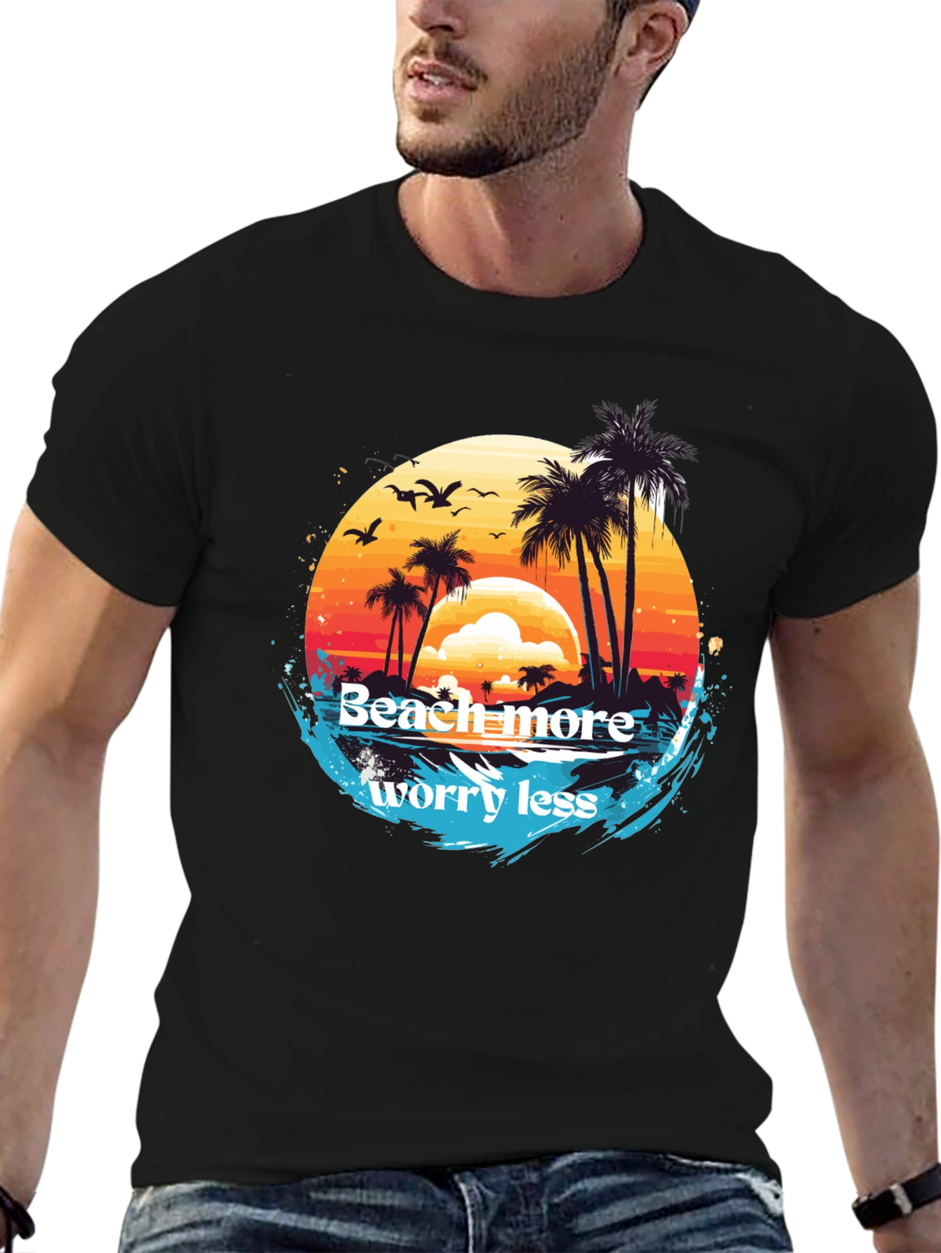 Beach More Worry Less Black T-Shirt