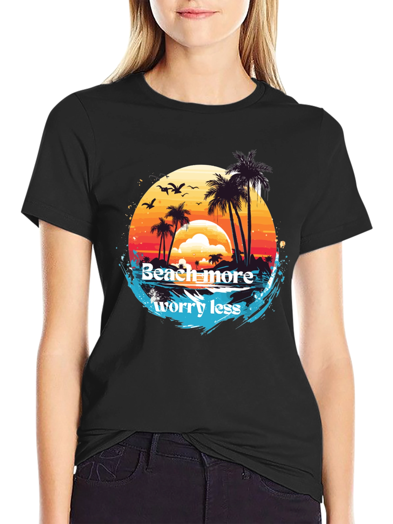 Beach More Worry Less Black T-Shirt