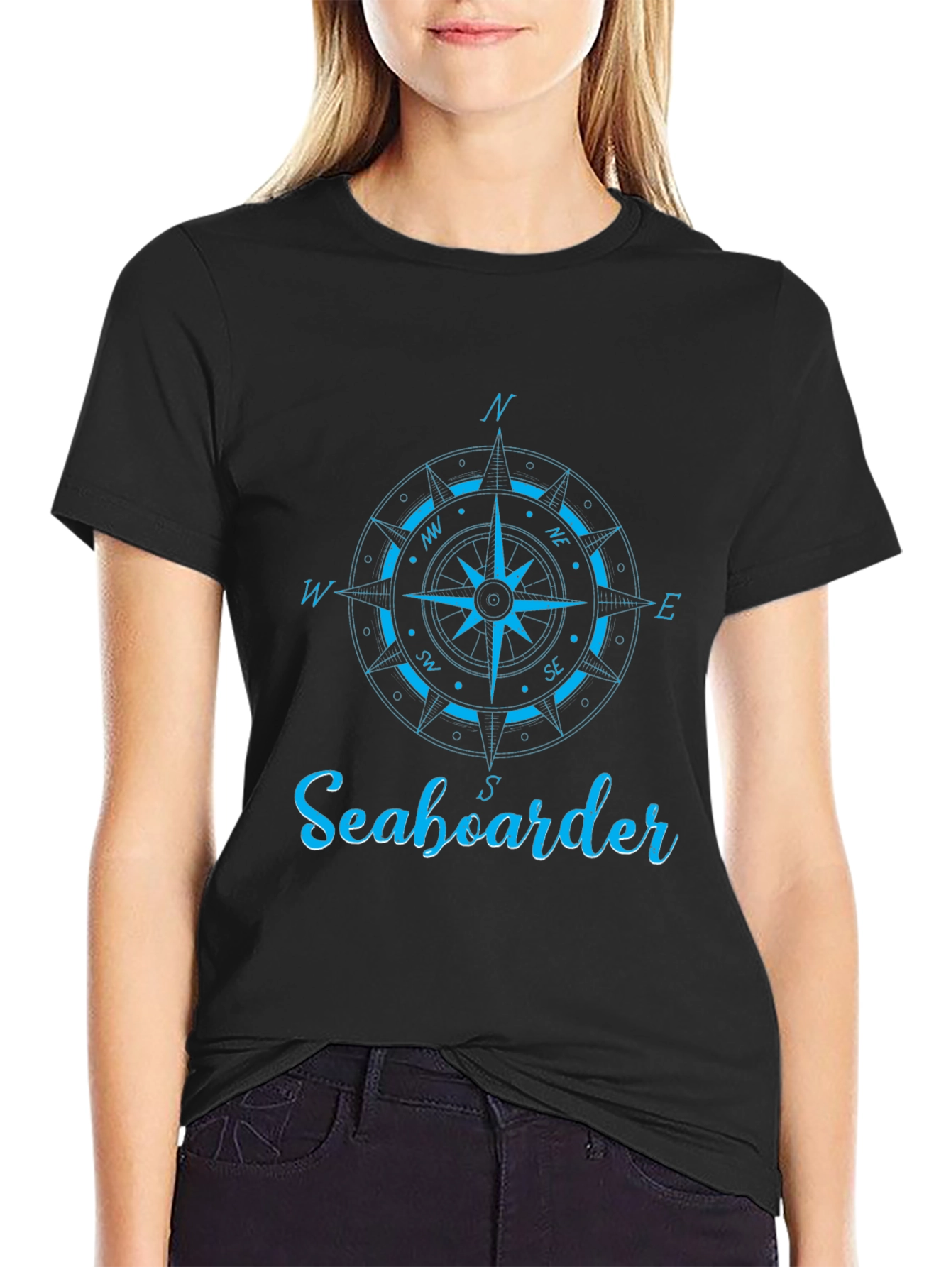 Nautical Compass Seaboarder Mens Black T-Shirt