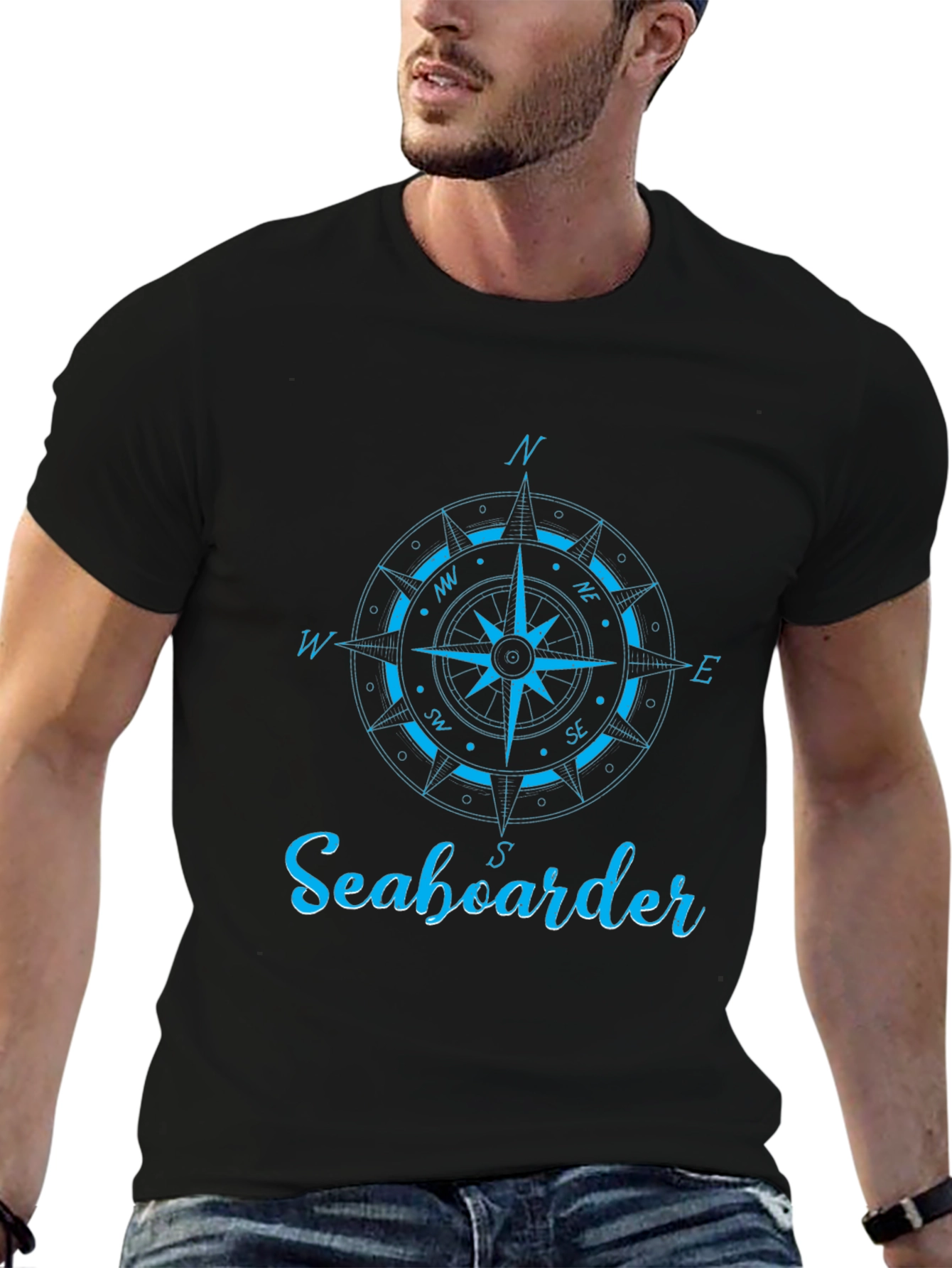 Nautical Compass Seaboarder Mens Black T-Shirt