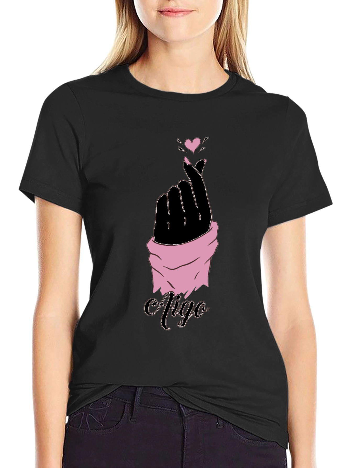 Aigo K-Pop Heart Gesture Black T-Shirt
