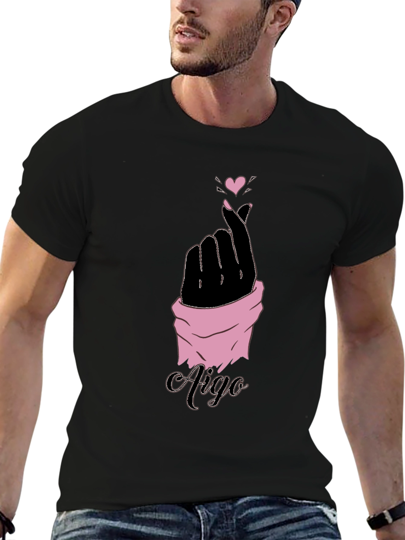 Aigo K-Pop Heart Gesture Black T-Shirt