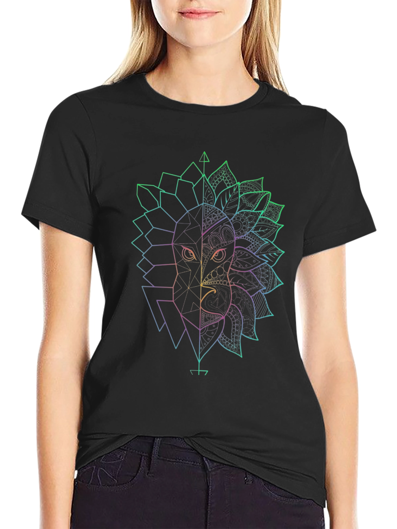 Geometric Lion & Eagle Black T-Shirt