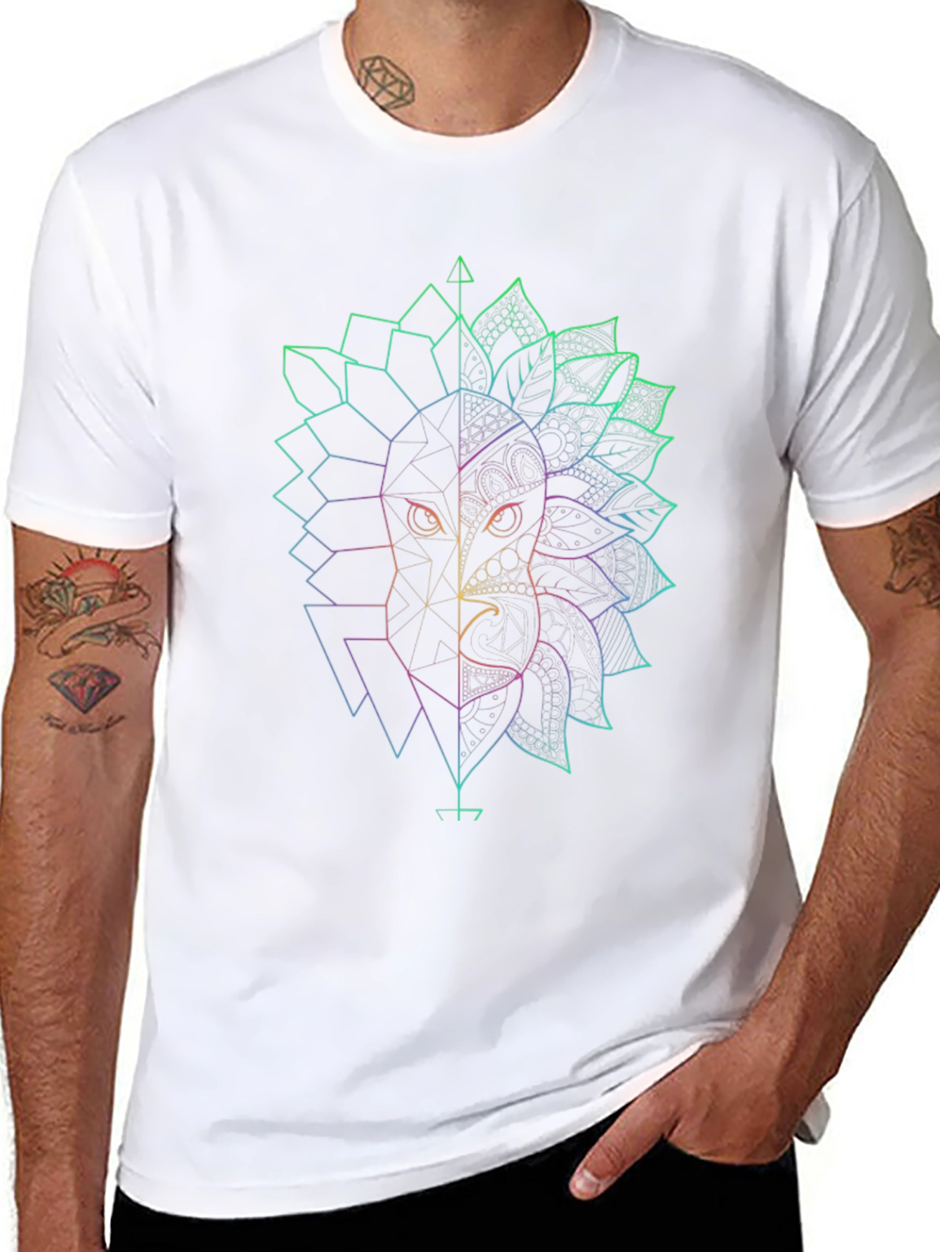 Geometric Lion & Eagle Black T-Shirt
