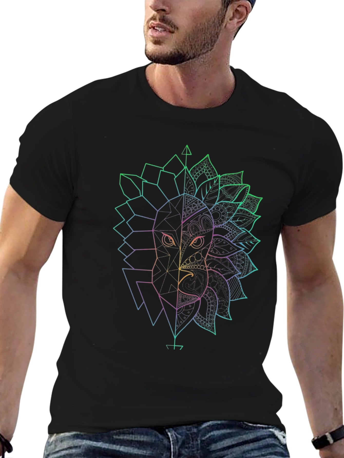 Geometric Lion & Eagle Black T-Shirt