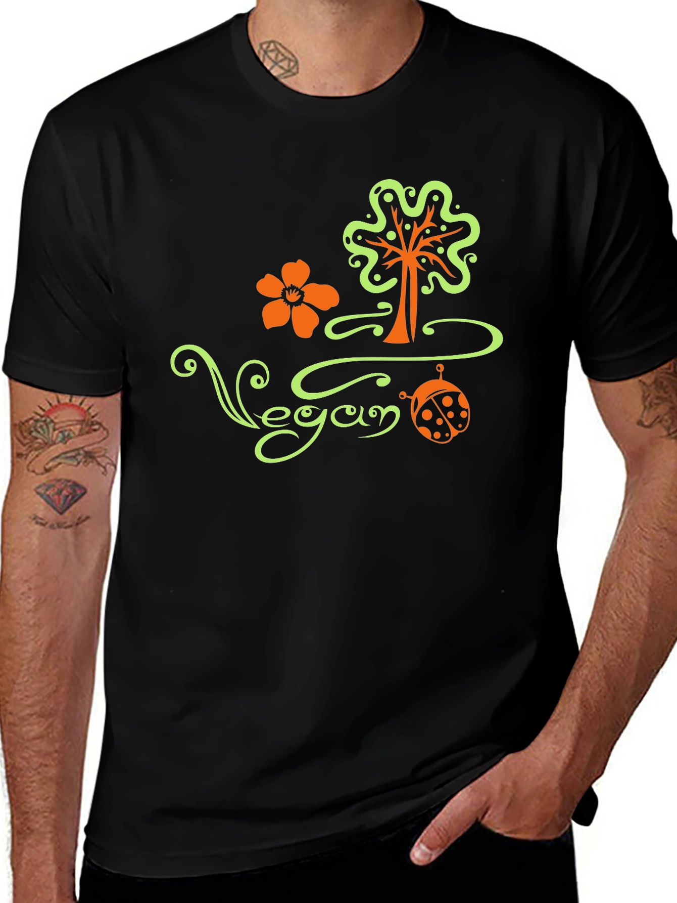 Vegan Tree Flower Ladybug Black T-Shirt