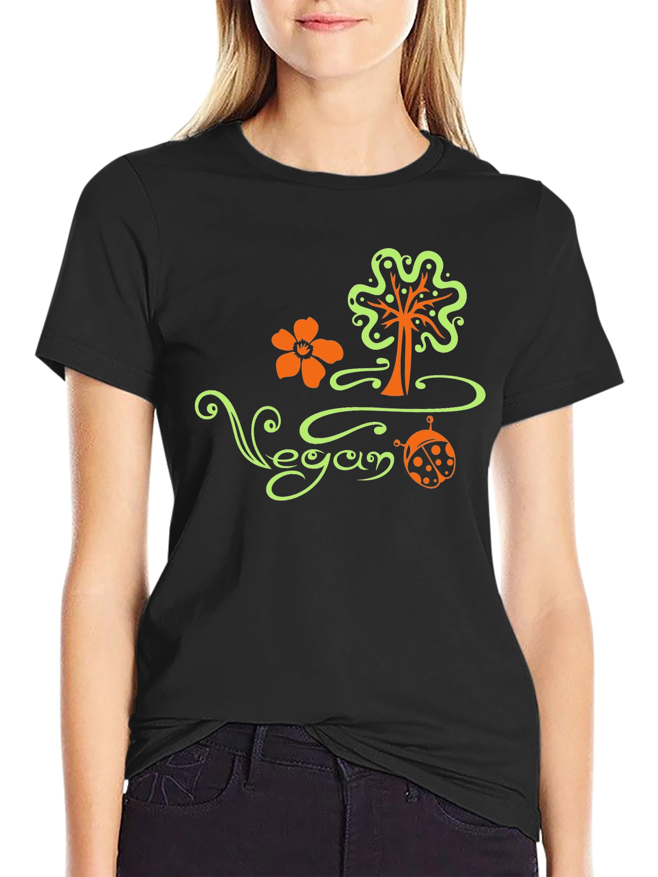 Vegan Tree Flower Ladybug Black T-Shirt