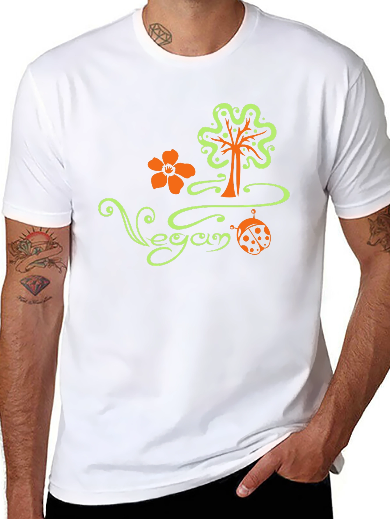 Vegan Tree Flower Ladybug Black T-Shirt