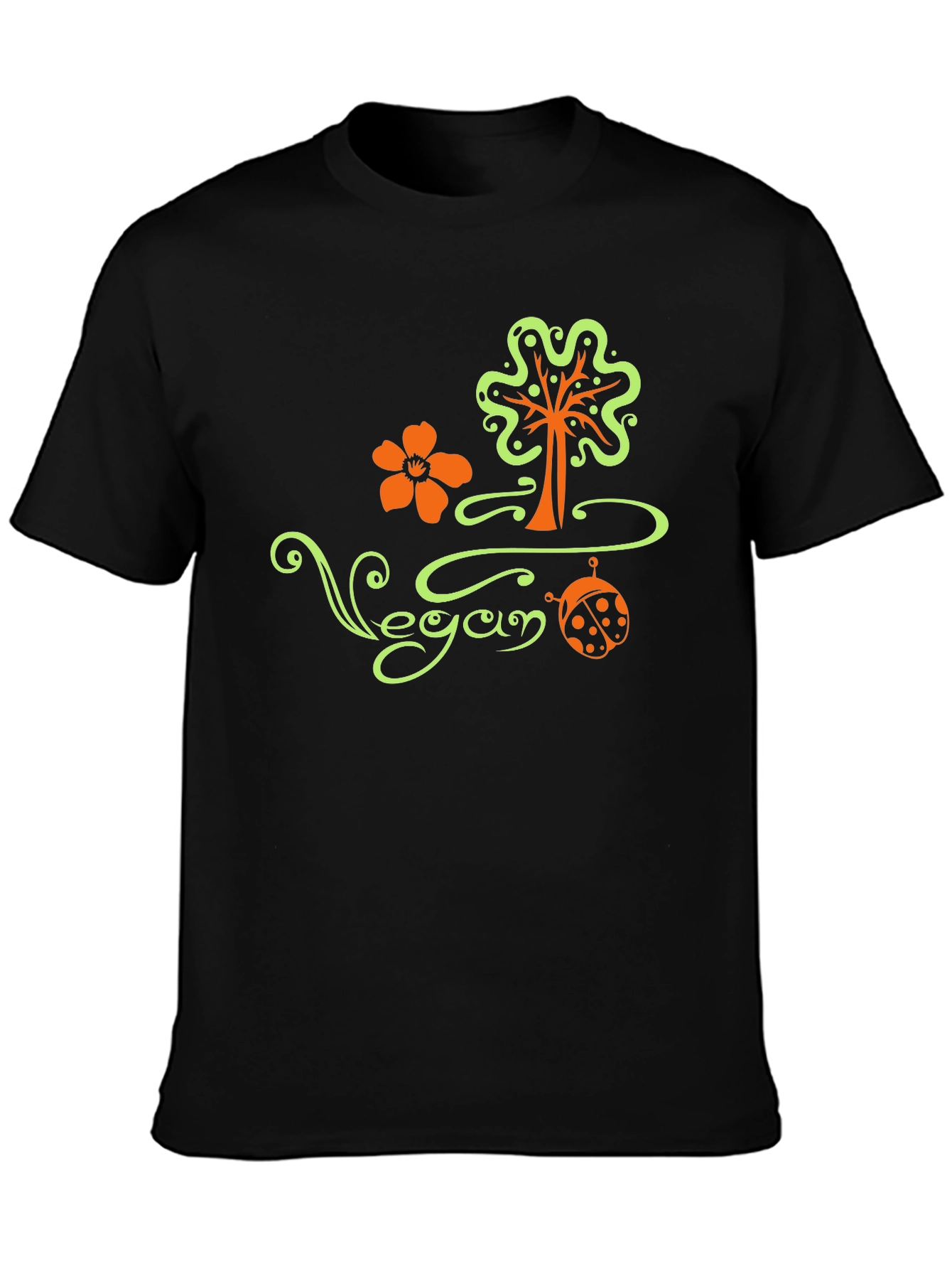 Vegan Tree Flower Ladybug Black T-Shirt