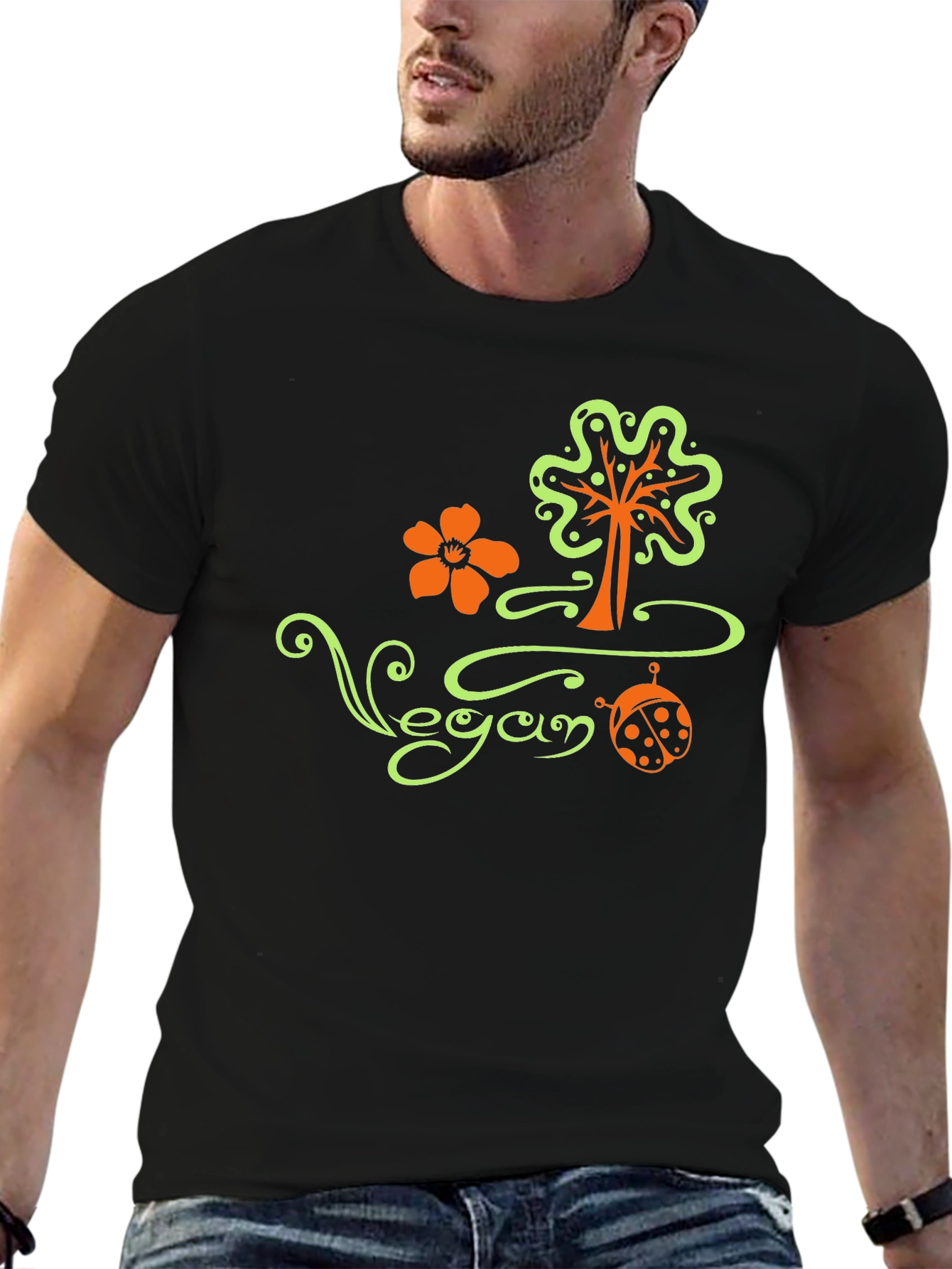 Vegan Tree Flower Ladybug Black T-Shirt