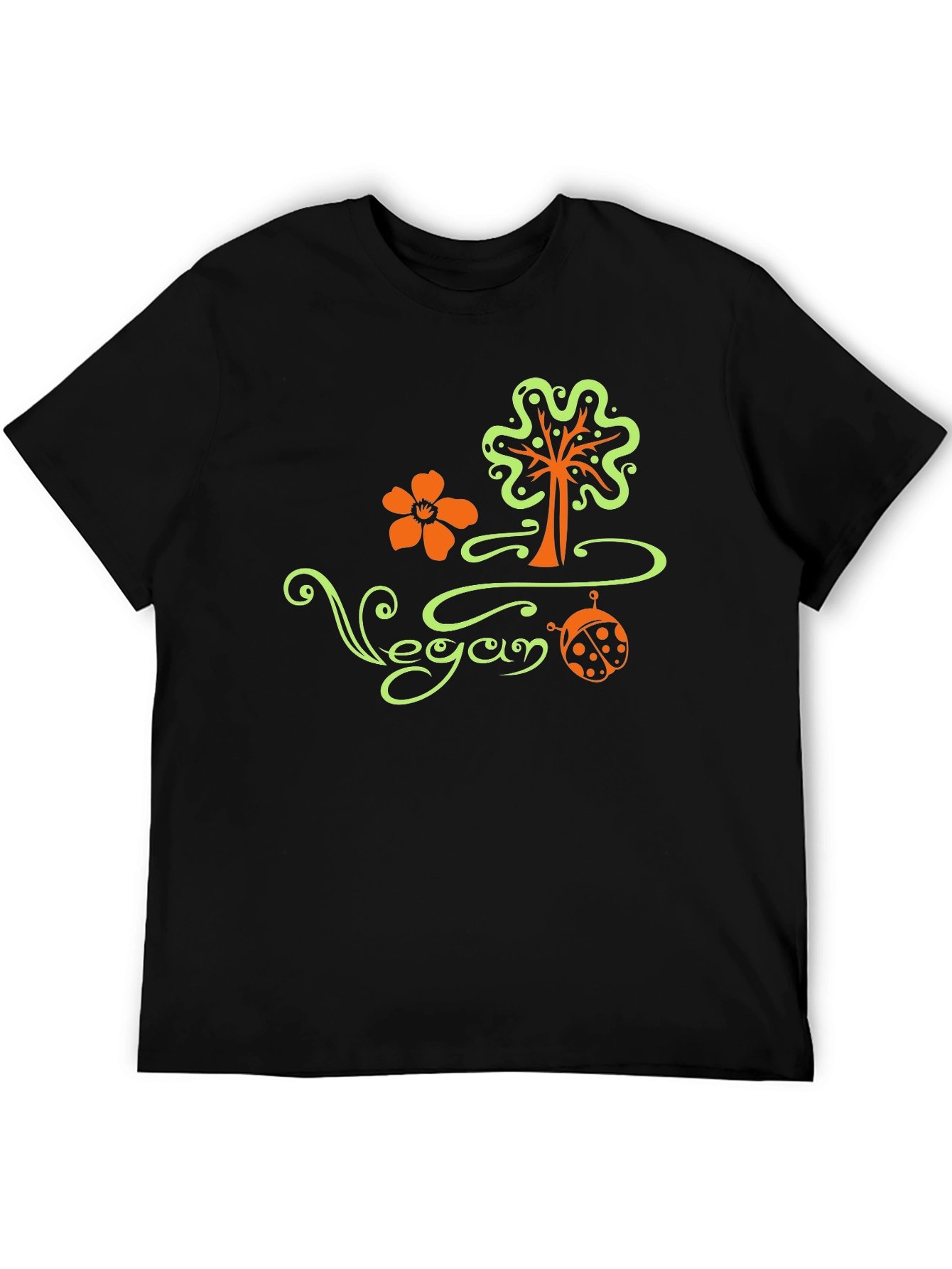 Vegan Tree Flower Ladybug Black T-Shirt