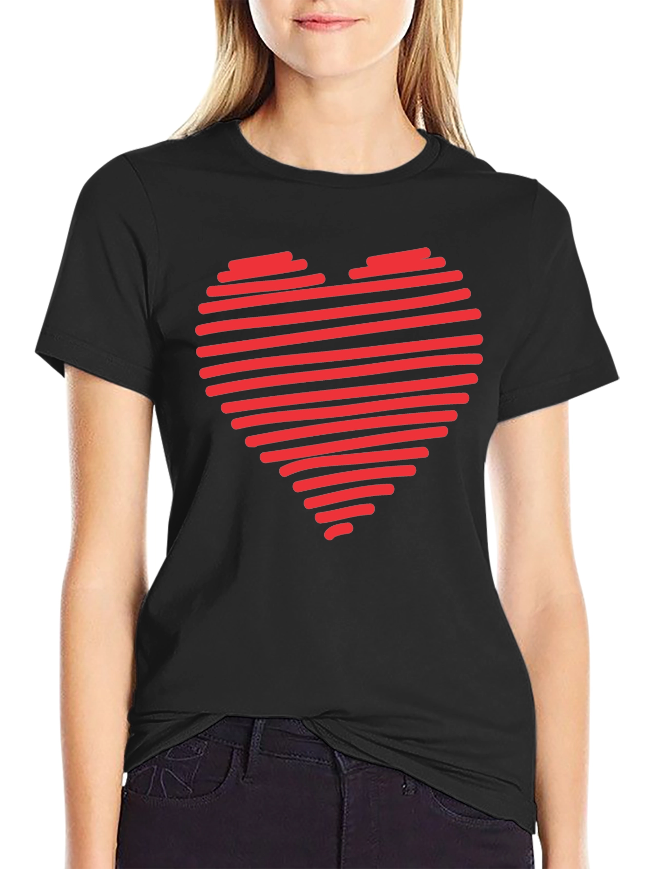 Red Heart Stripes Black T-Shirt Love Graphic Tee