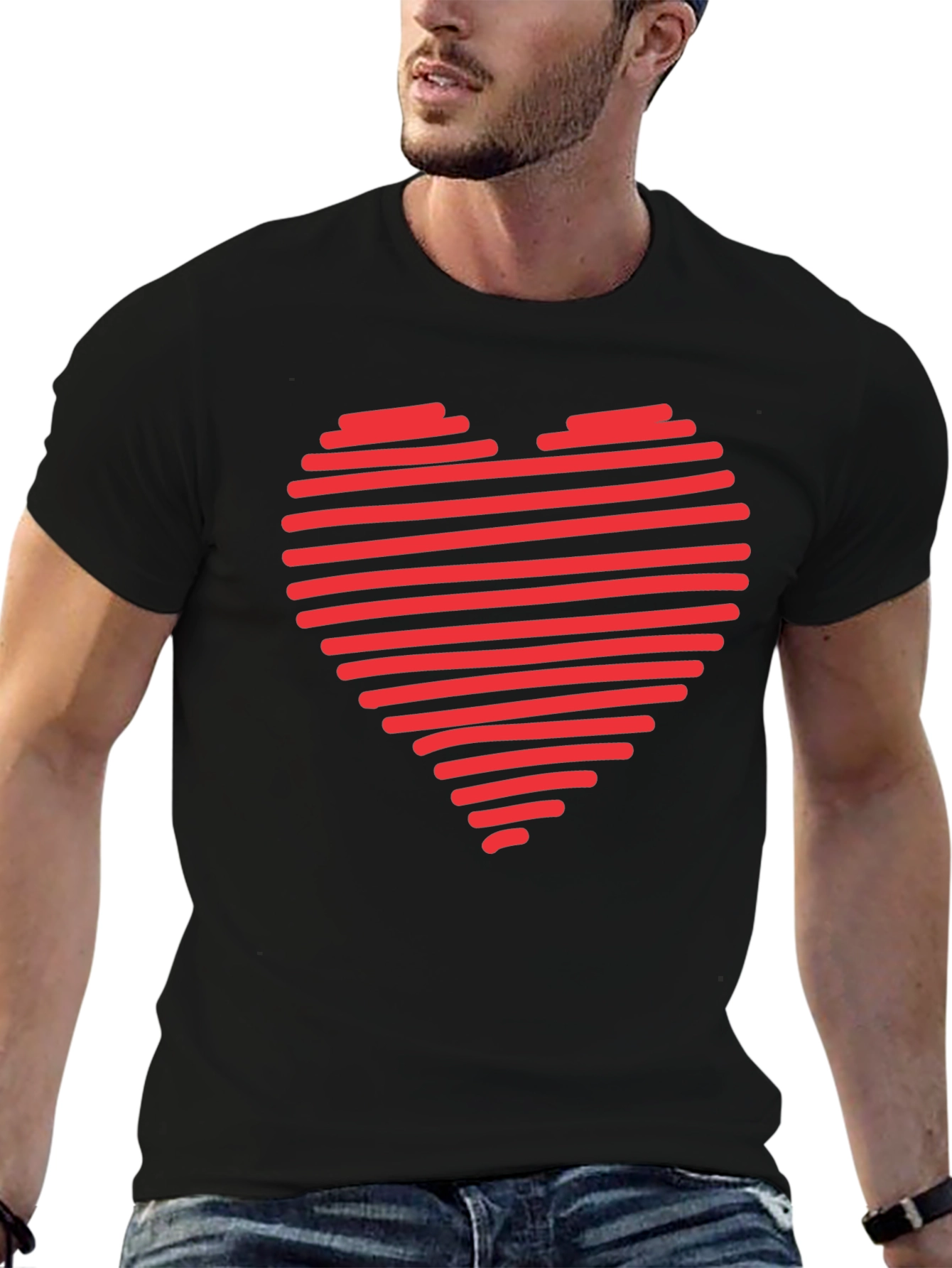 Red Heart Stripes Black T-Shirt Love Graphic Tee