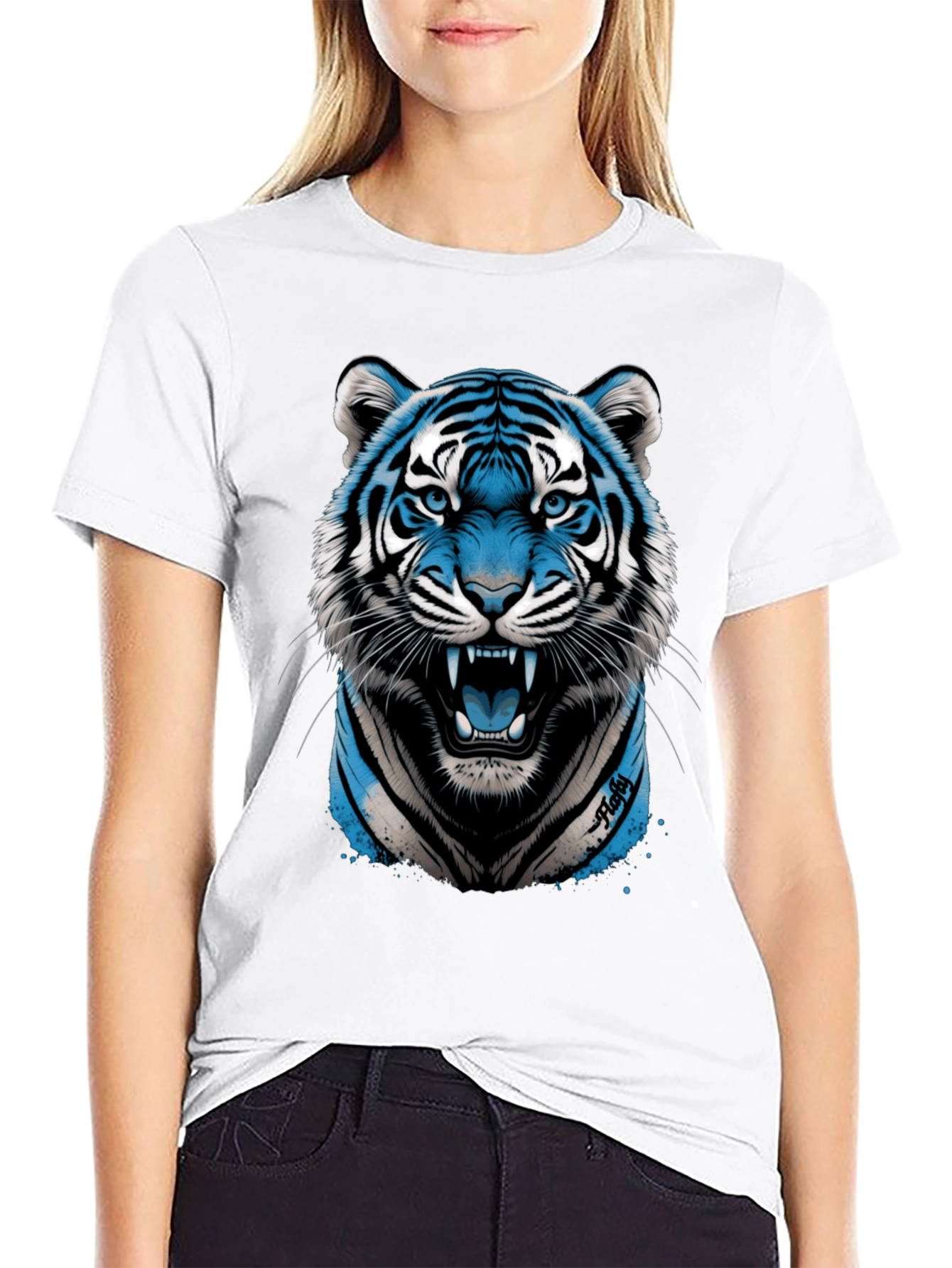 Blue Tiger Graphic Print Black T-Shirt