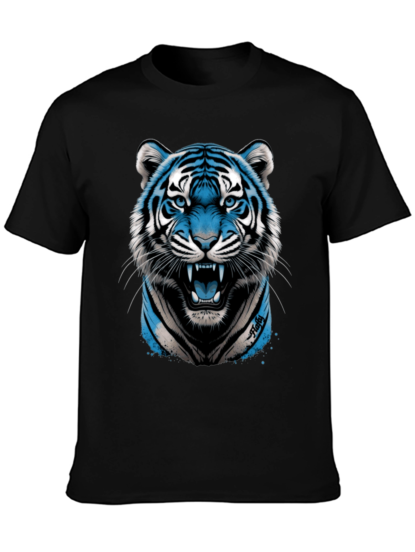 Blue Tiger Graphic Print Black T-Shirt