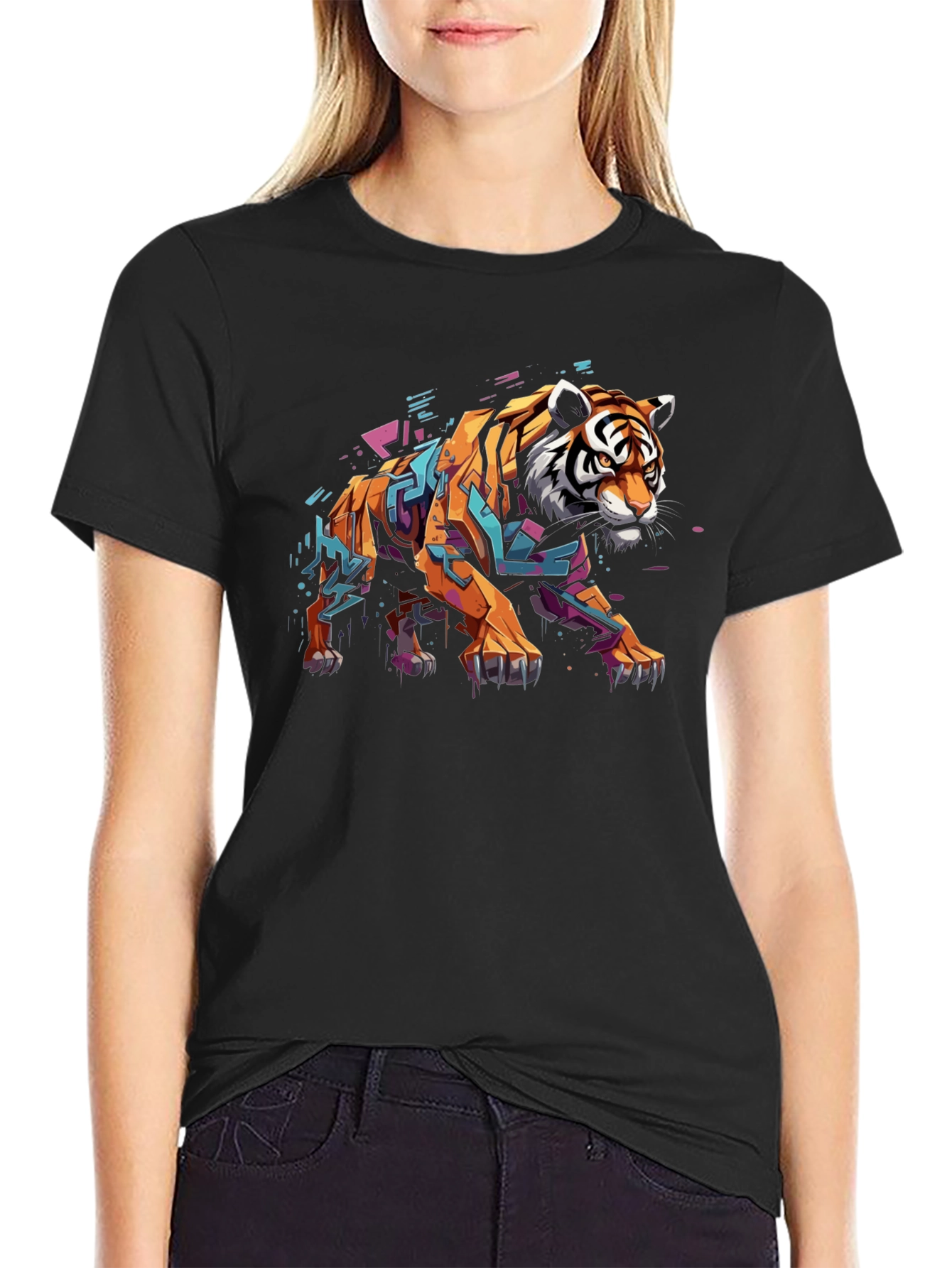 Stylish Tiger Graphic Print Black T-Shirt